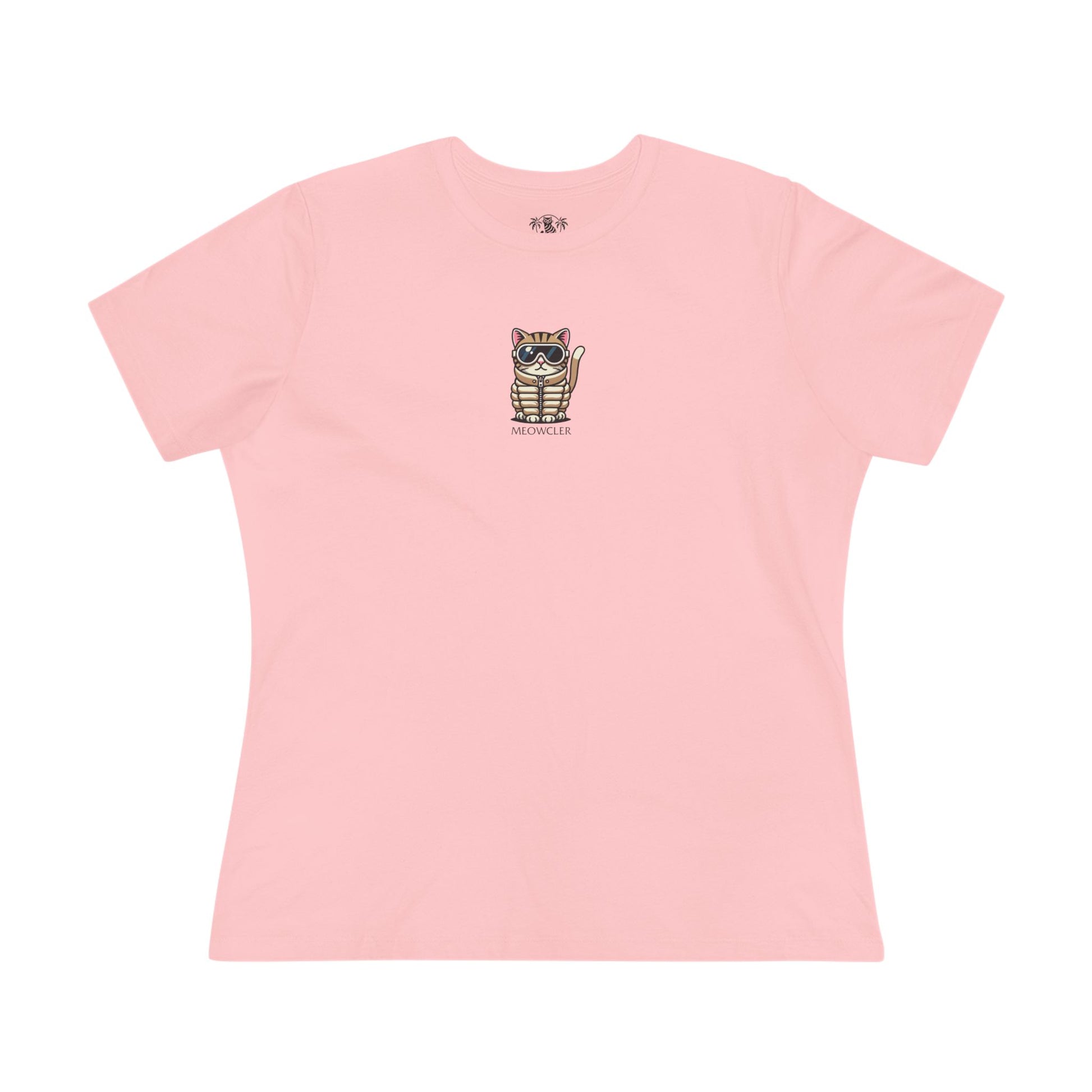 Front view Meowcler Mini Chest Puffer Cat Icon Women's T Shirt in pink, cute cat shirts for women