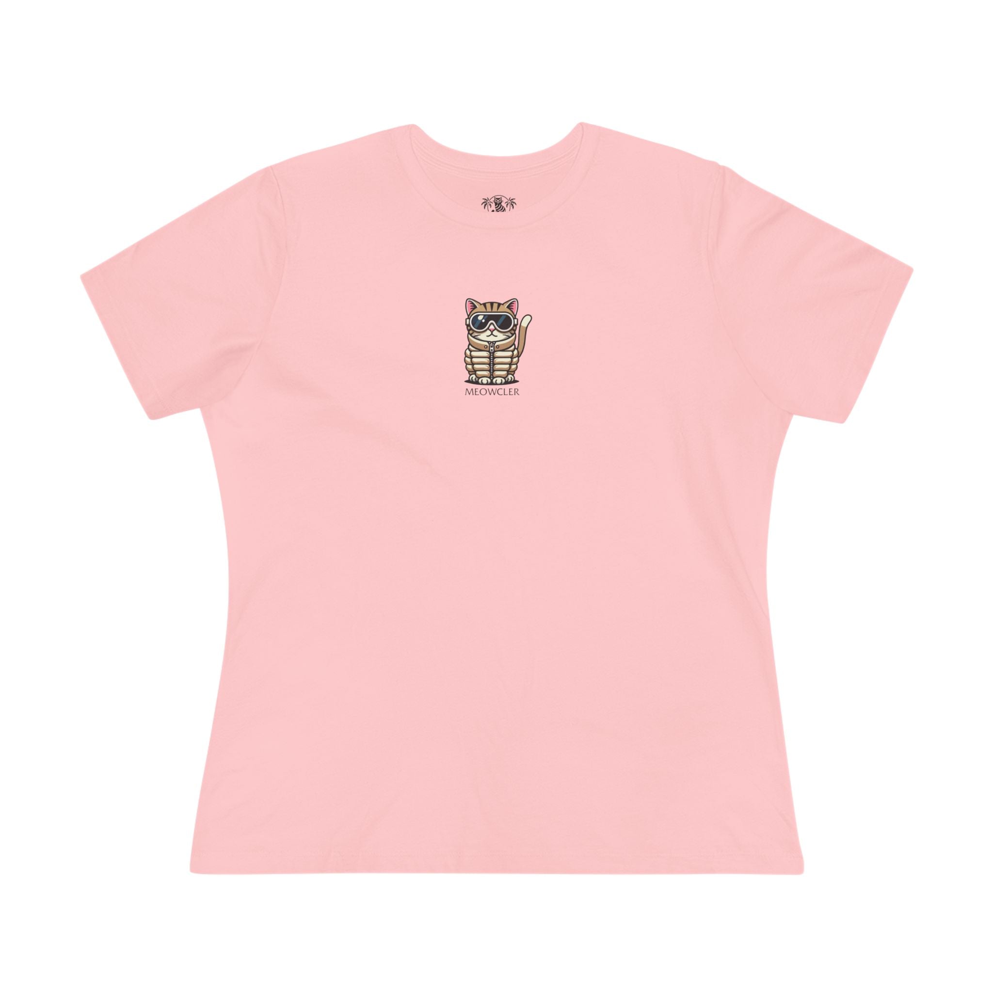Front view Meowcler Mini Chest Puffer Cat Icon Women's T Shirt in pink, cute cat shirts for women