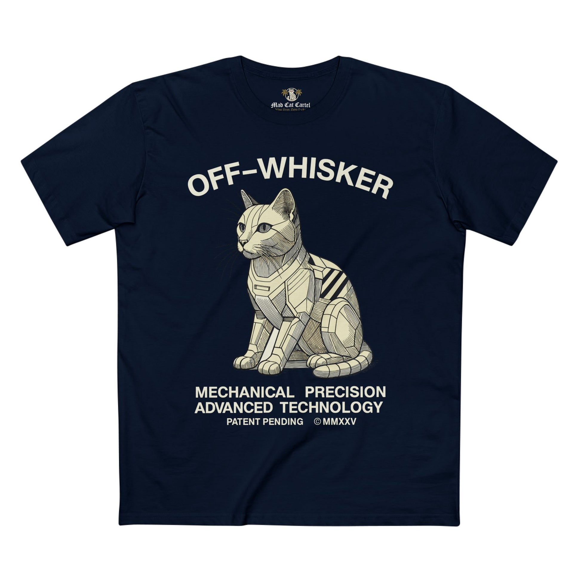 Navy Off-Whisker Gen-01 Mech Cat t-shirt on hanger – unisex cat graphic tee