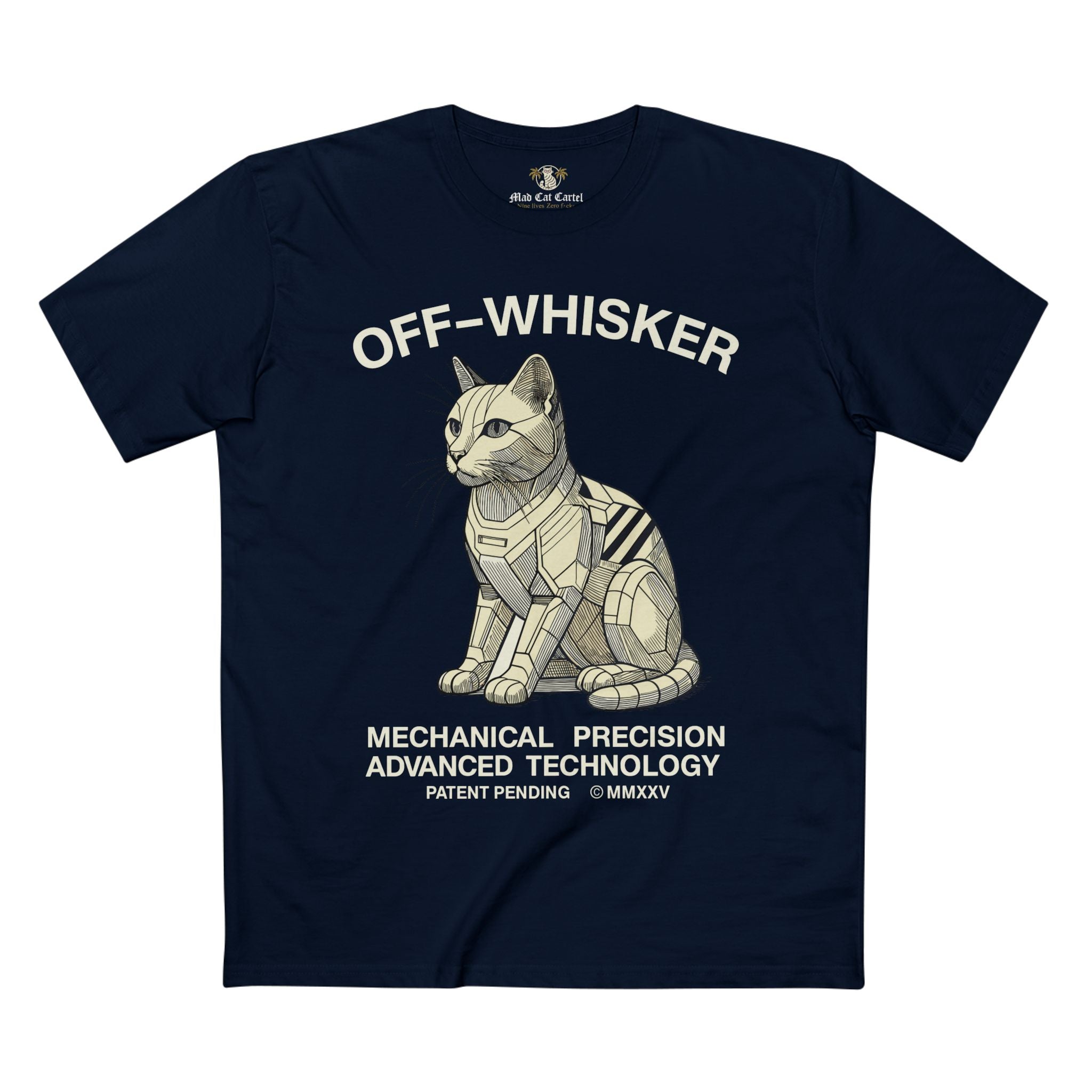 Navy Off-Whisker Gen-01 Mech Cat t-shirt on hanger – unisex cat graphic tee
