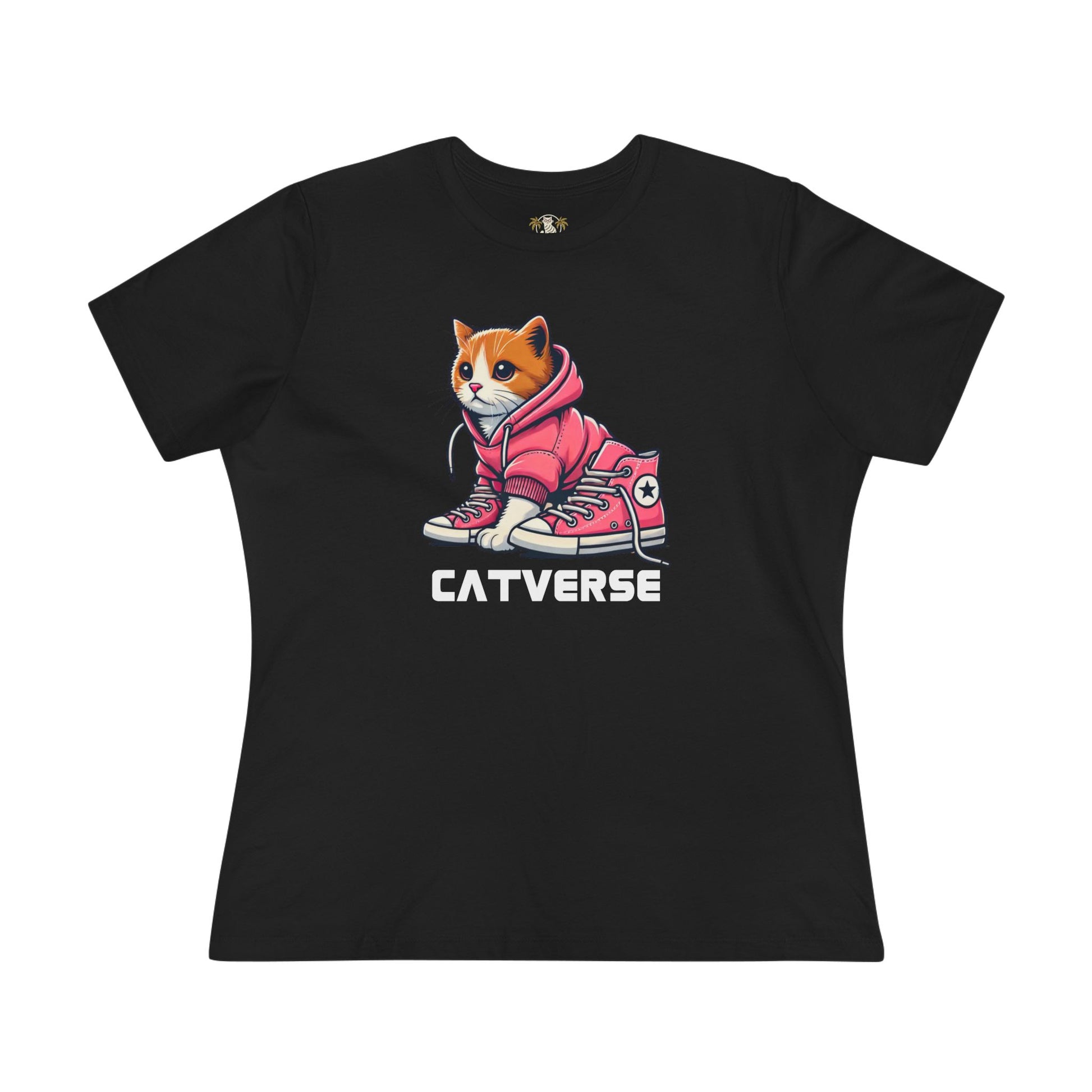Catverse Hoodie Kicks Cat Graphic Women’s T-Shirt in black flat lay front view, cat t shirt, funny tees for women