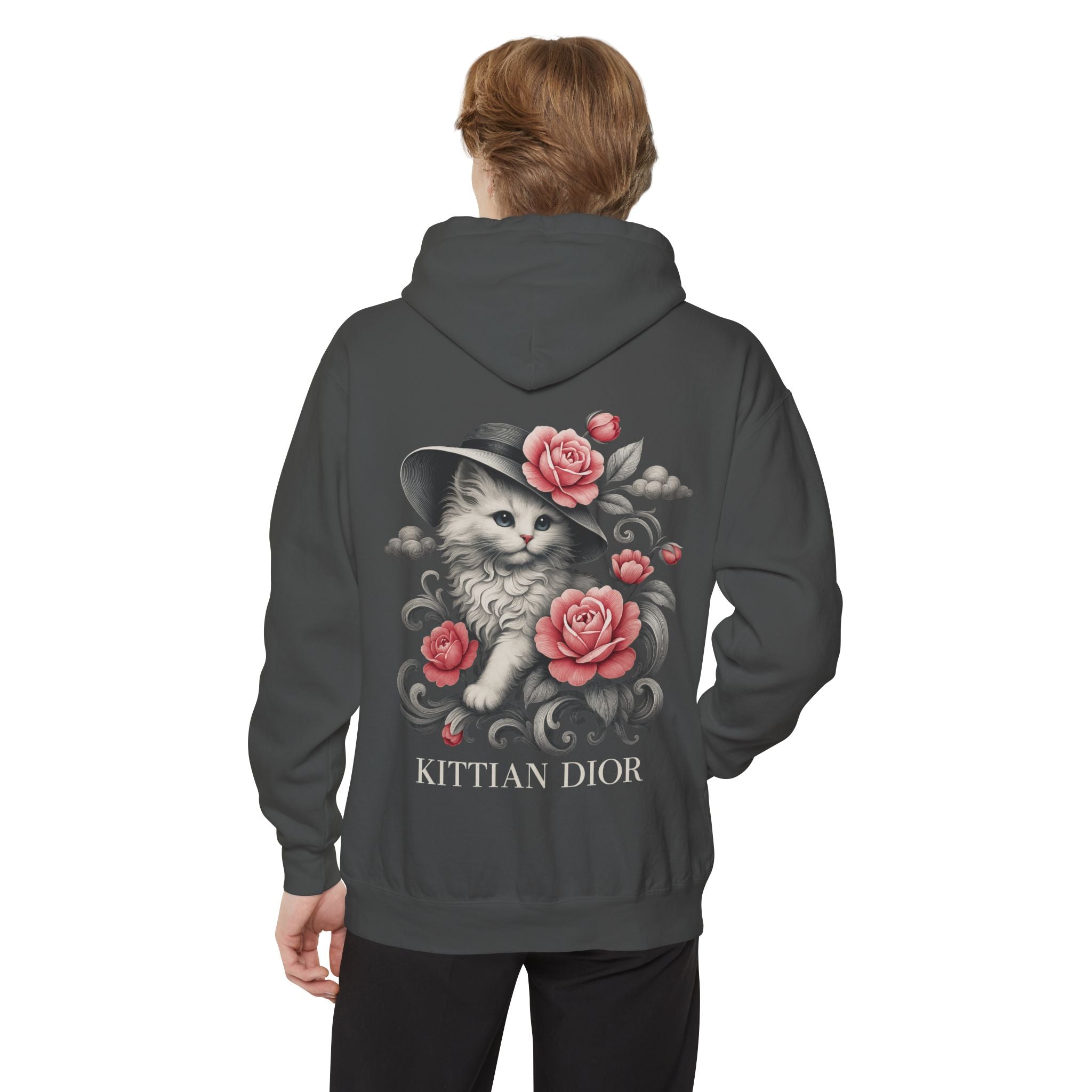 Kittian Dior Rose Reverie Cat Graphic Gray Hoodie