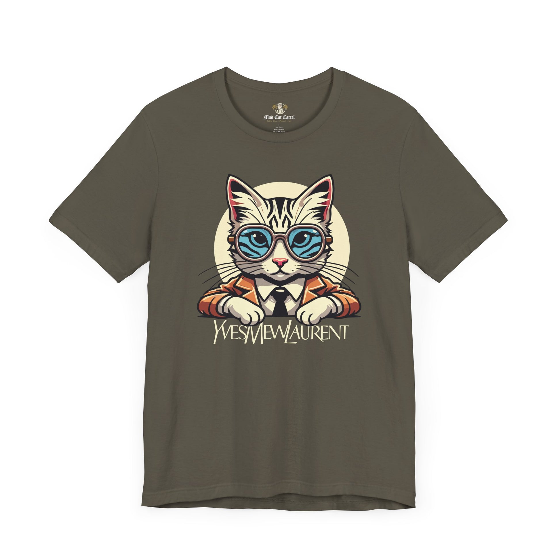 Army Yves Mew Laurent Cat Boss Tiger Pattern Graphic T-Shirt flat lay front