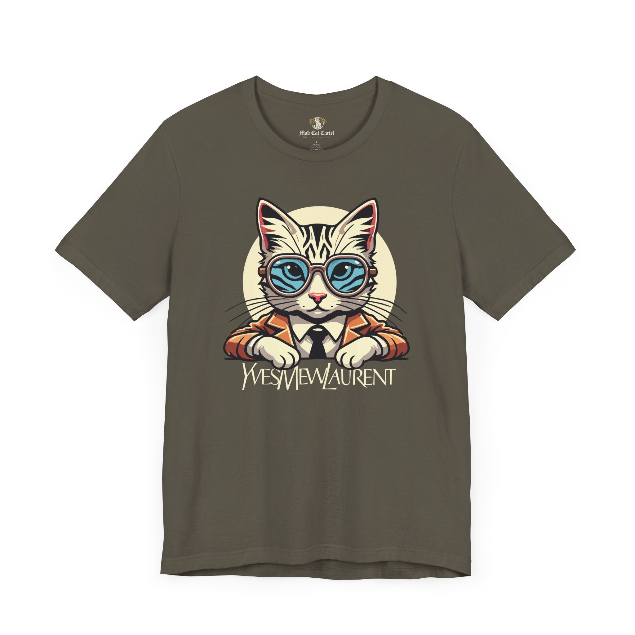 Army Yves Mew Laurent Cat Boss Tiger Pattern Graphic T-Shirt flat lay front