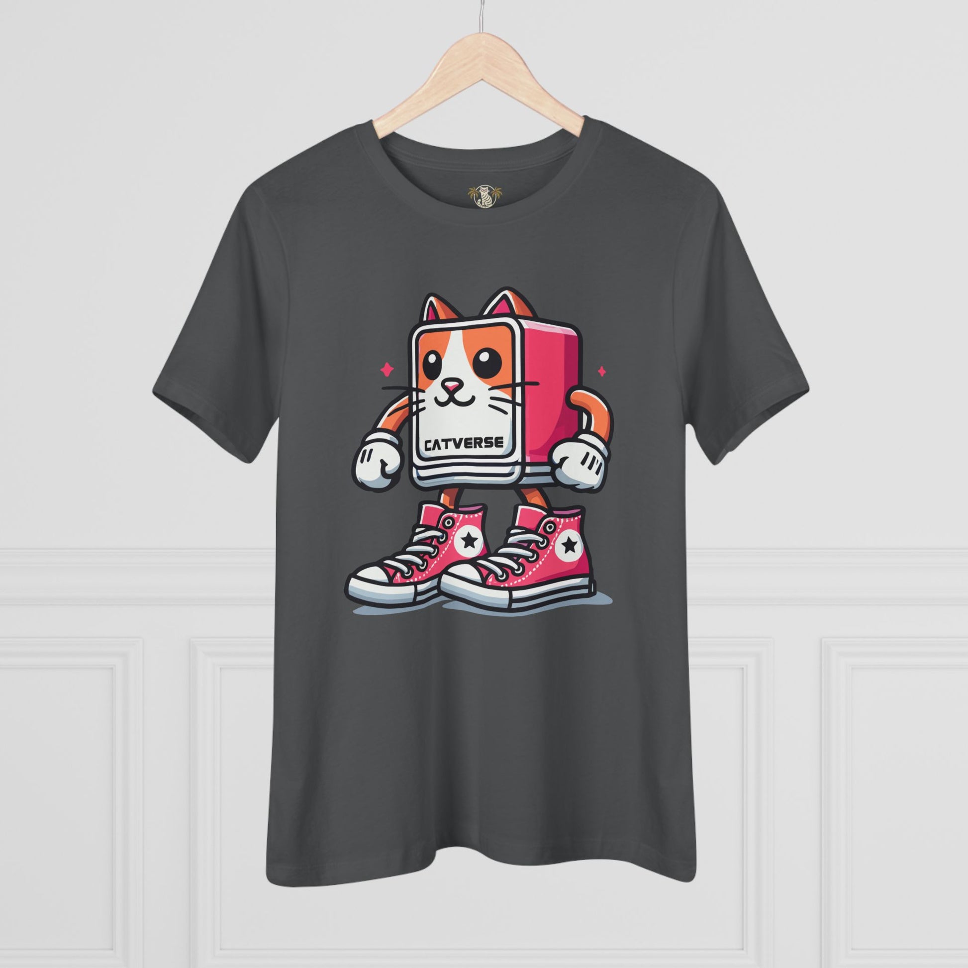 Asphalt Catverse Pinkbot tee front view on hanger, cat t shirt women's, funny cat shirts for guys