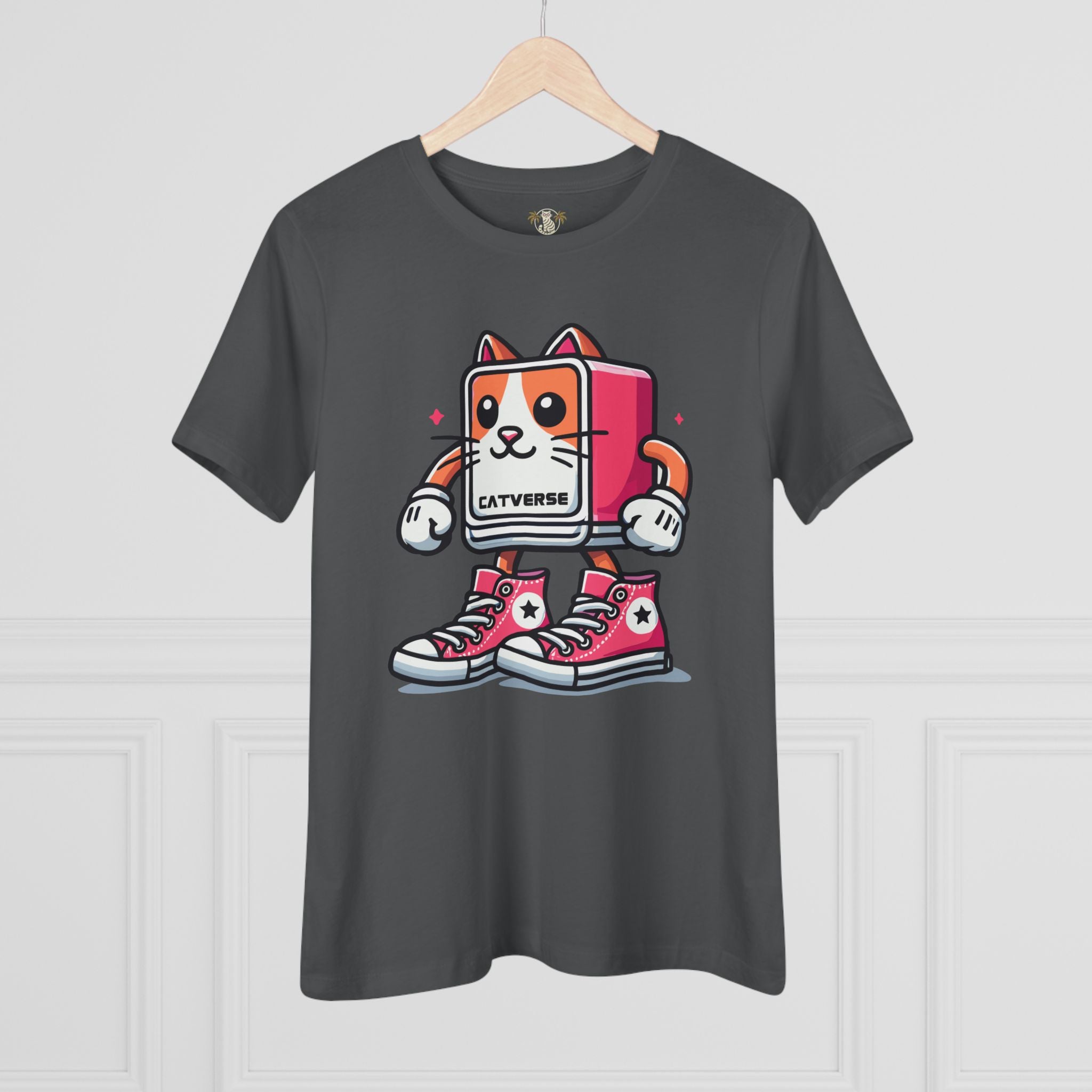 Asphalt Catverse Pinkbot tee front view on hanger, cat t shirt women's, funny cat shirts for guys