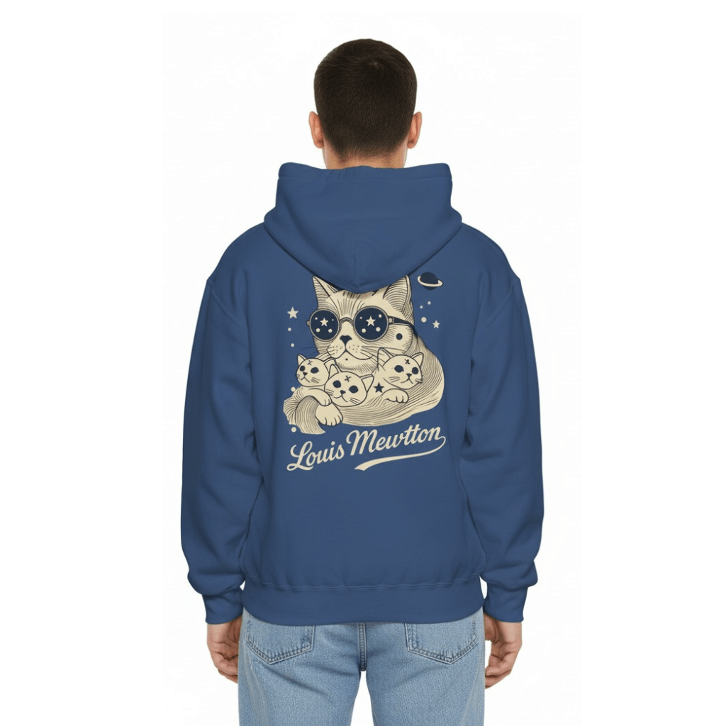 Man turned back in Louis Mewtton blue hoodie with galactic artwork, hoodie for cat lovers