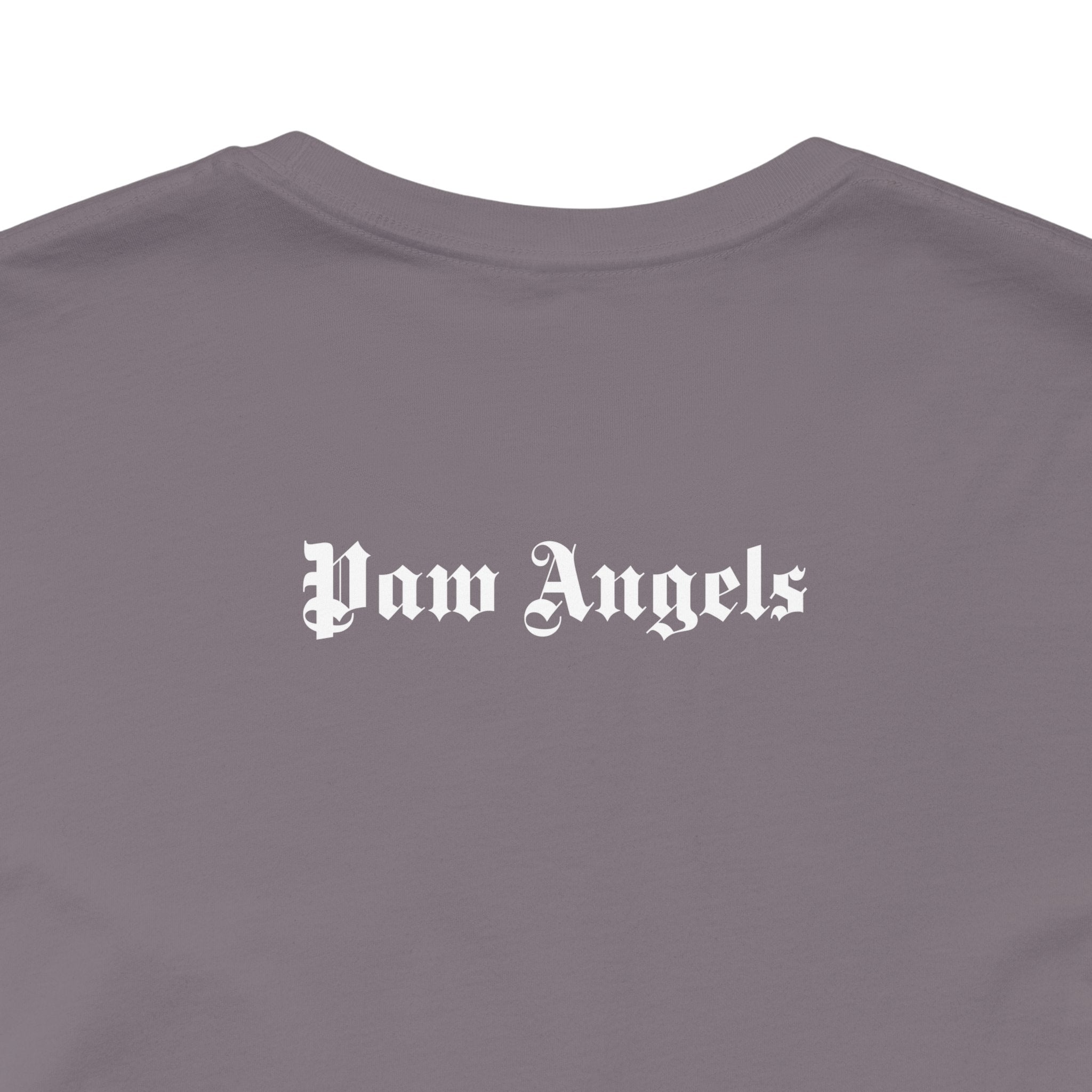 Storm t shirt with “Paw Angels” back print detail– men tee for cat lovers
