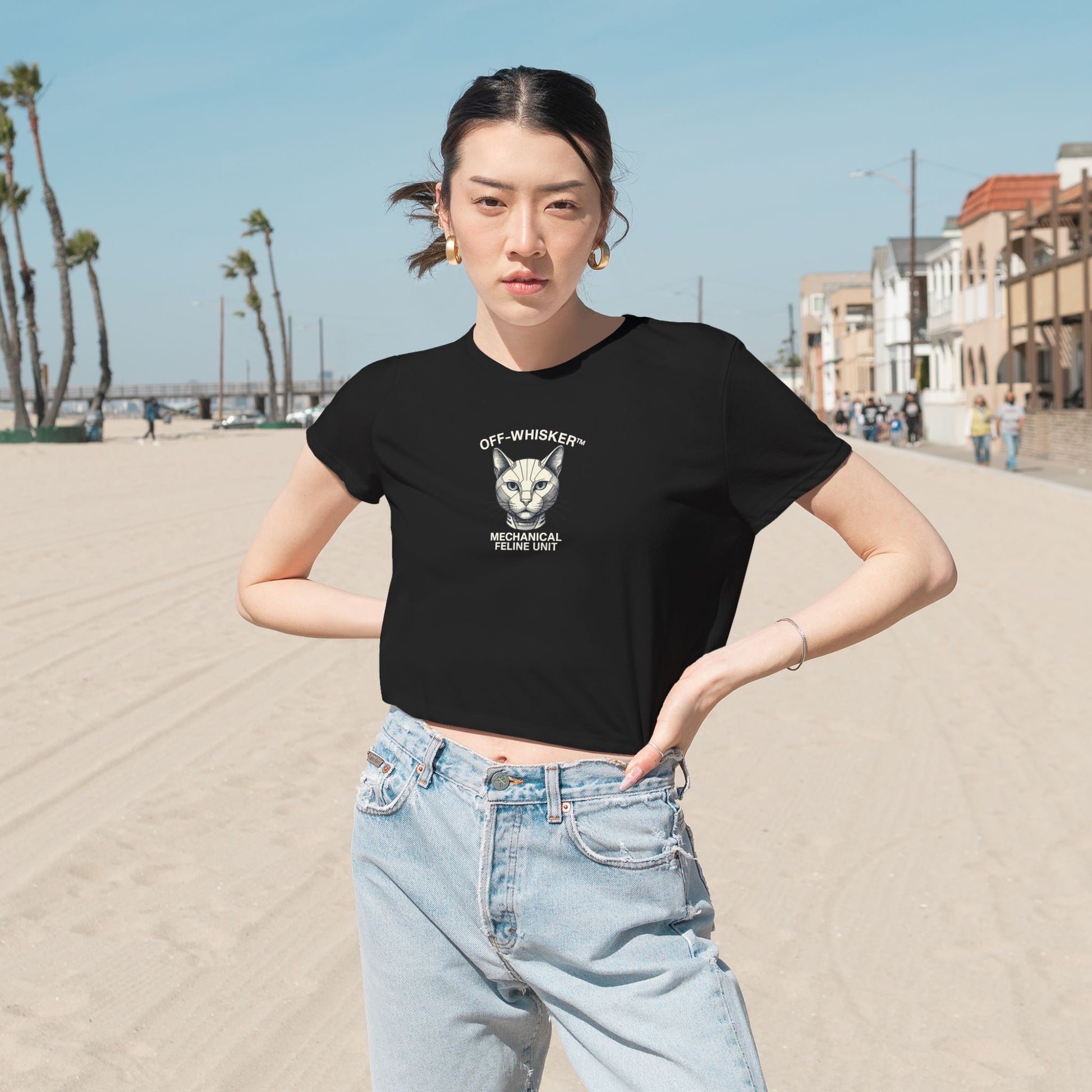 Female model wearing Off-Whisker Mechanical Feline Unit Graphic Women's Flowy Crop Top Black, cat graphic crop top