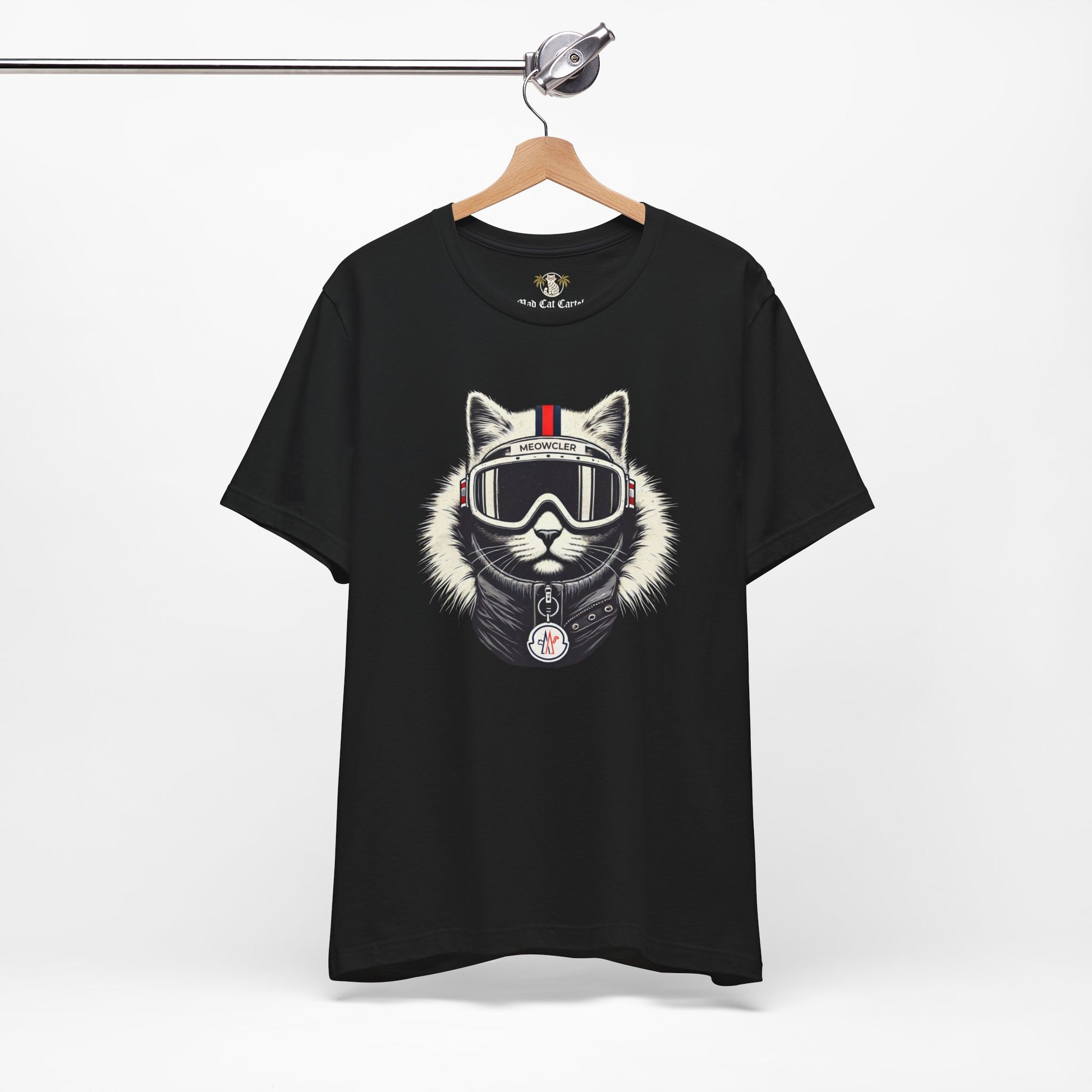 Hanging black graphic t shirt with Meowcler ski cat design