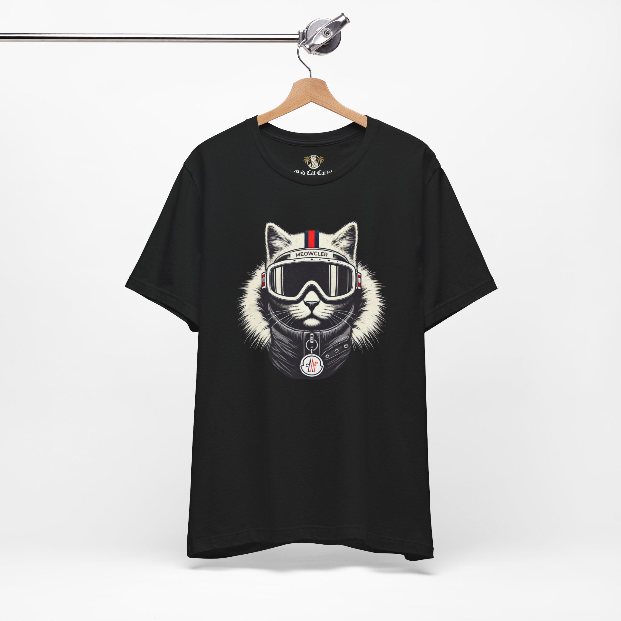 Hanging black graphic t shirt with Meowcler ski cat design