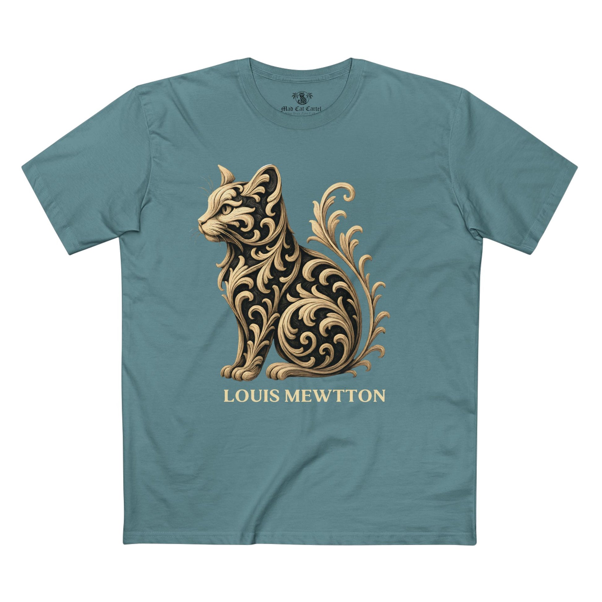Louis Mewtton Prestige Cat Men's Graphic T Shirt slate blue flat front with ornate gold cat design