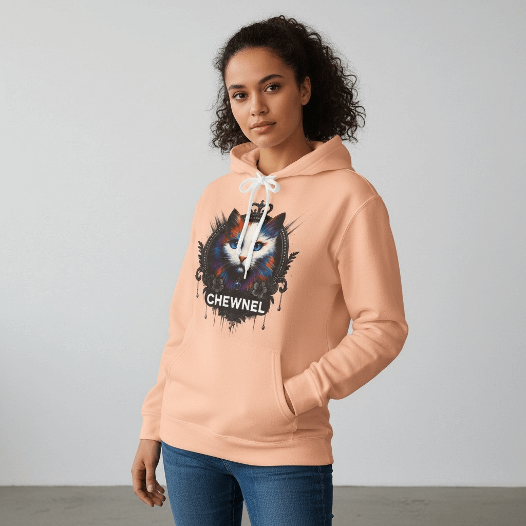 Woman modeling Chewnel peachy pink hoodie, women's cat hoodie