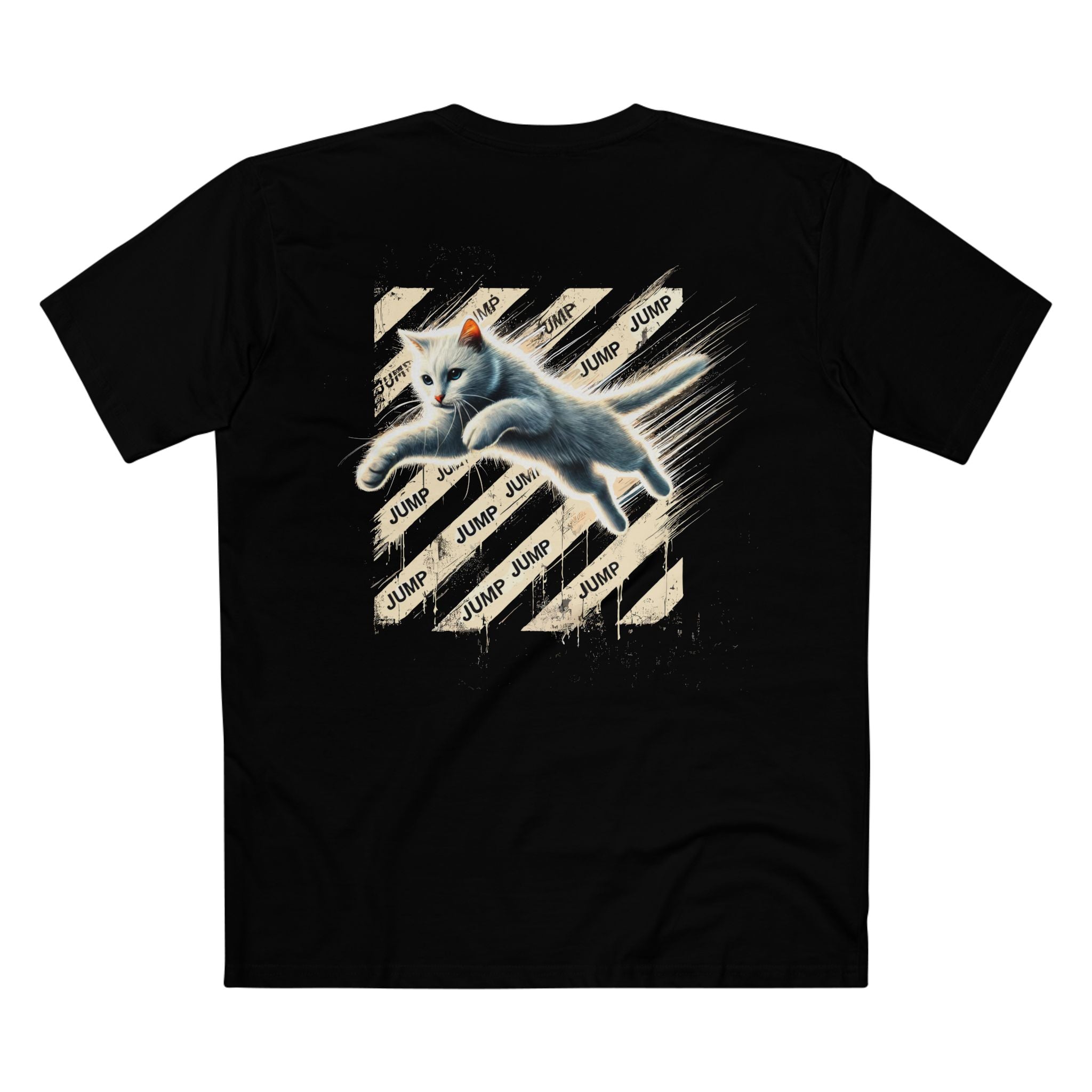 Off-Whisker Jump Mode Cat Graphic Black T Shirt, back view with jumping cat design, black tee for cat lovers