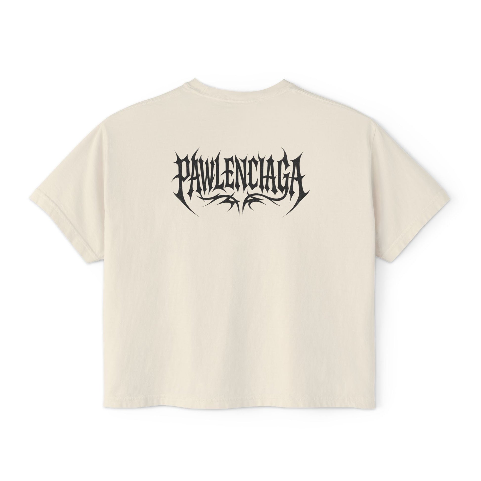 Pawlenciaga womens ivory cat lover boxy tee, back view logo print