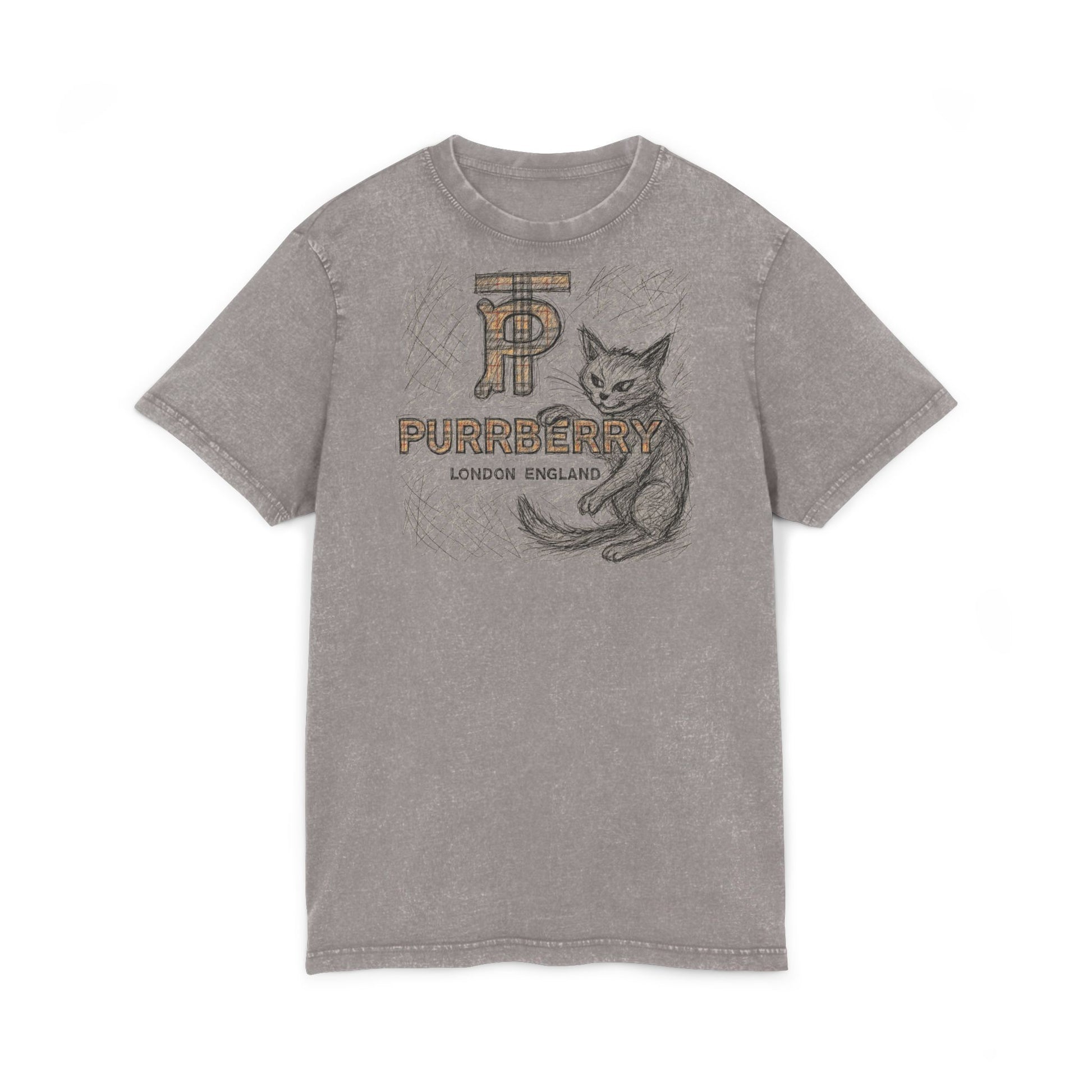 Purrberry Heritage Sketch Logo gray asphalt Acid Washed Cat Graphic T Shirt, cat shirt for women