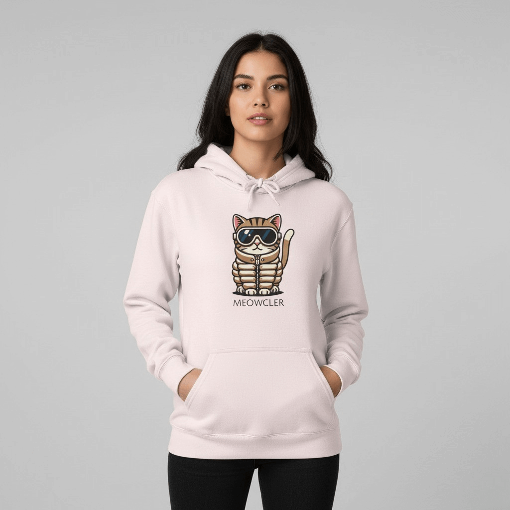 Woman modeling Meowcler baby pink hoodie with chest logo, cat hoodie for woman