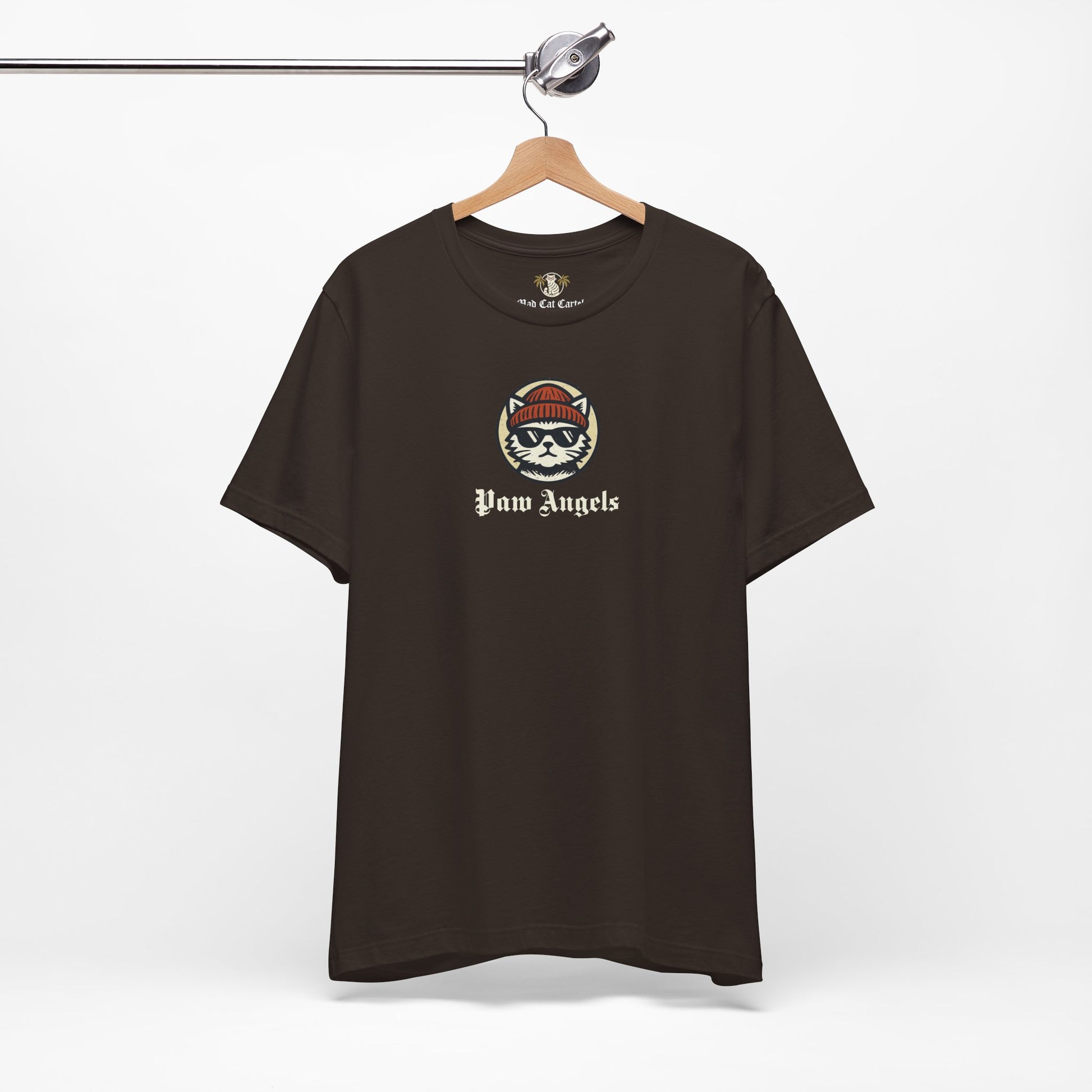 Brown Paw Angels Born to Fly street angel cat t-shirt on hanger  – mens tee for cat lovers