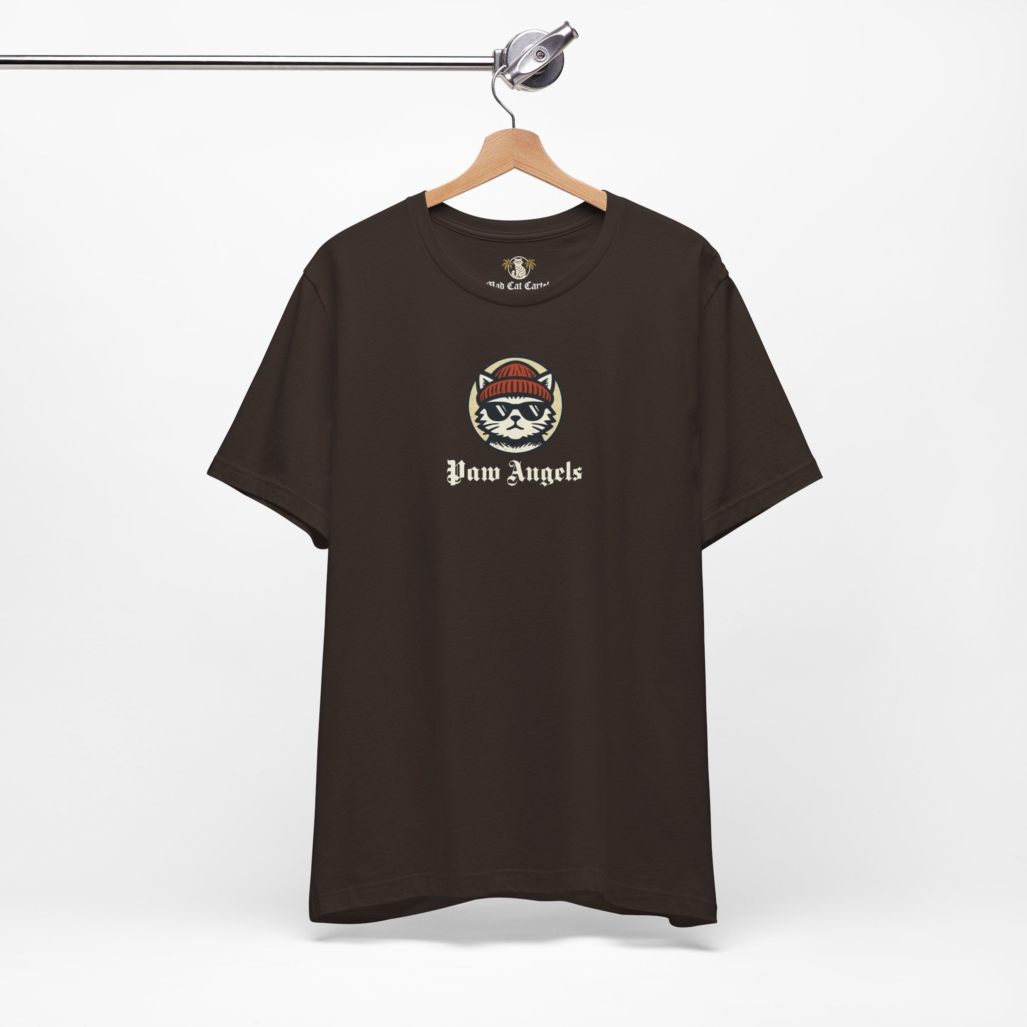 Brown Paw Angels Born to Fly street angel cat t-shirt on hanger  – mens tee for cat lovers