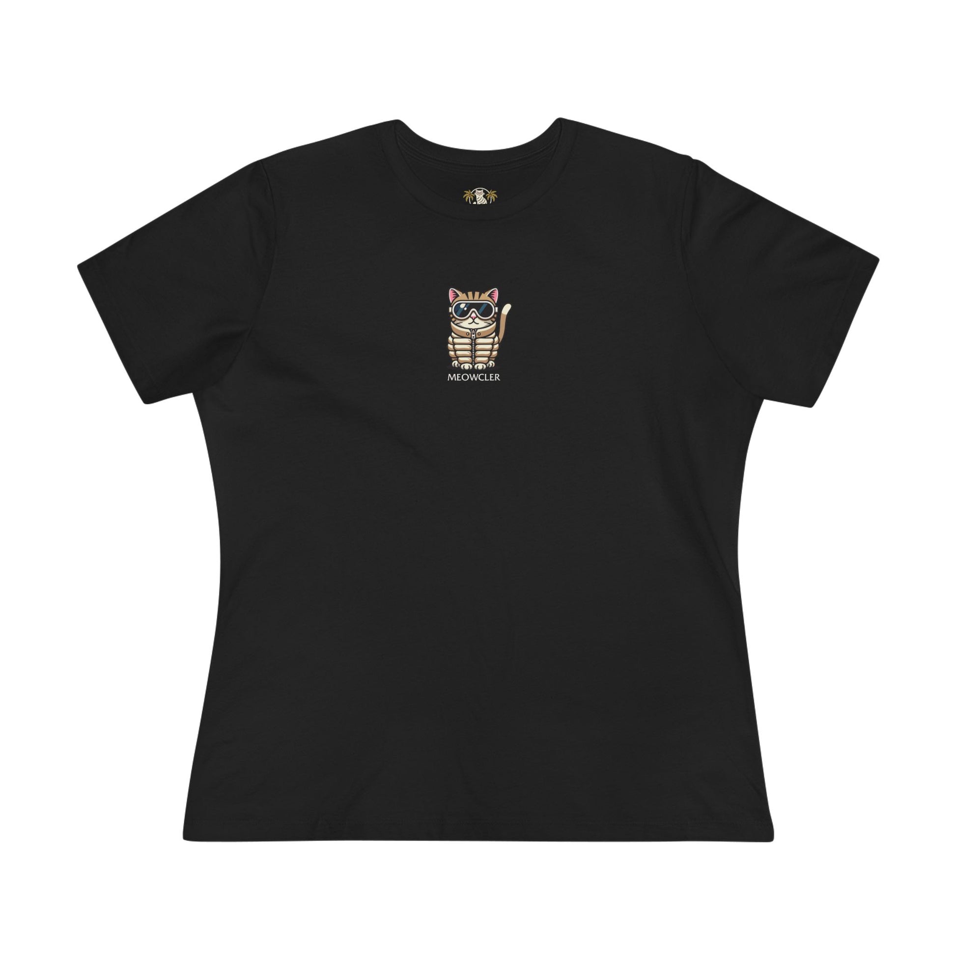 Front view Meowcler Mini Chest Puffer Cat Icon Women's T Shirt in black, cat tee shirts womens