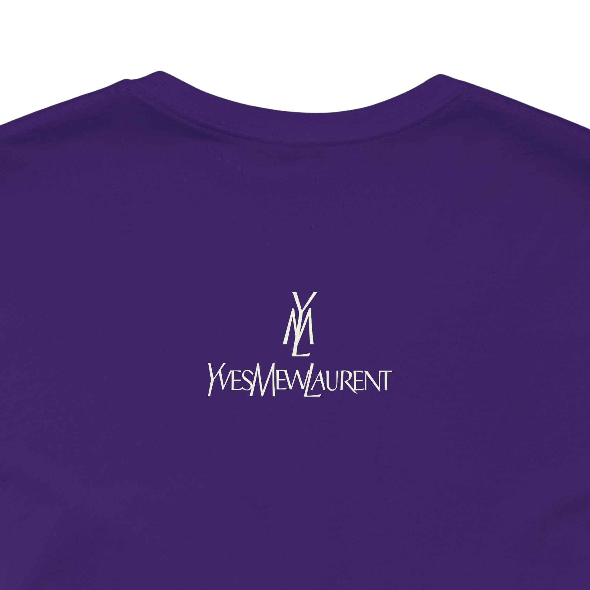 Team Purple cat graphic tee back logo detail