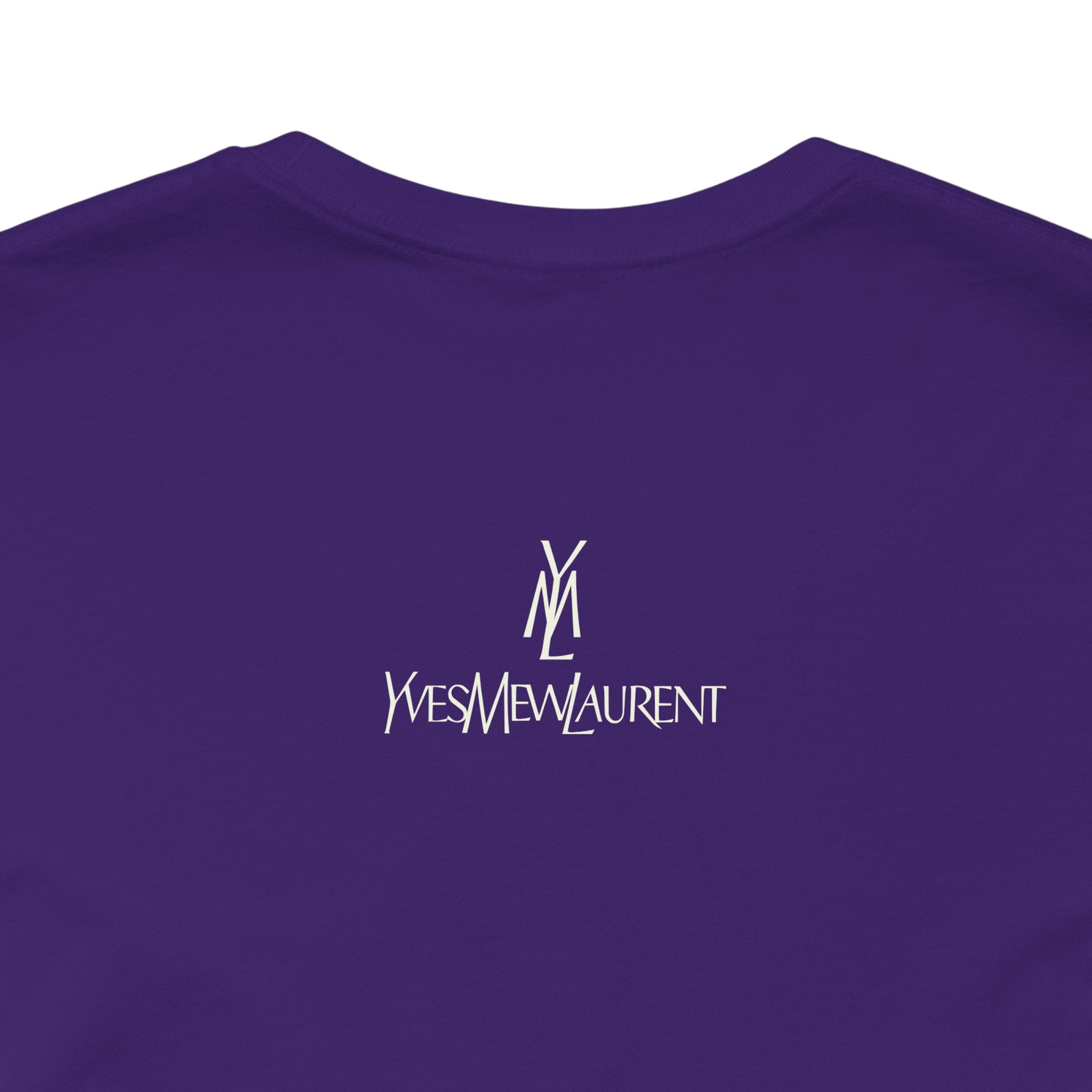 Team Purple cat graphic tee back logo detail