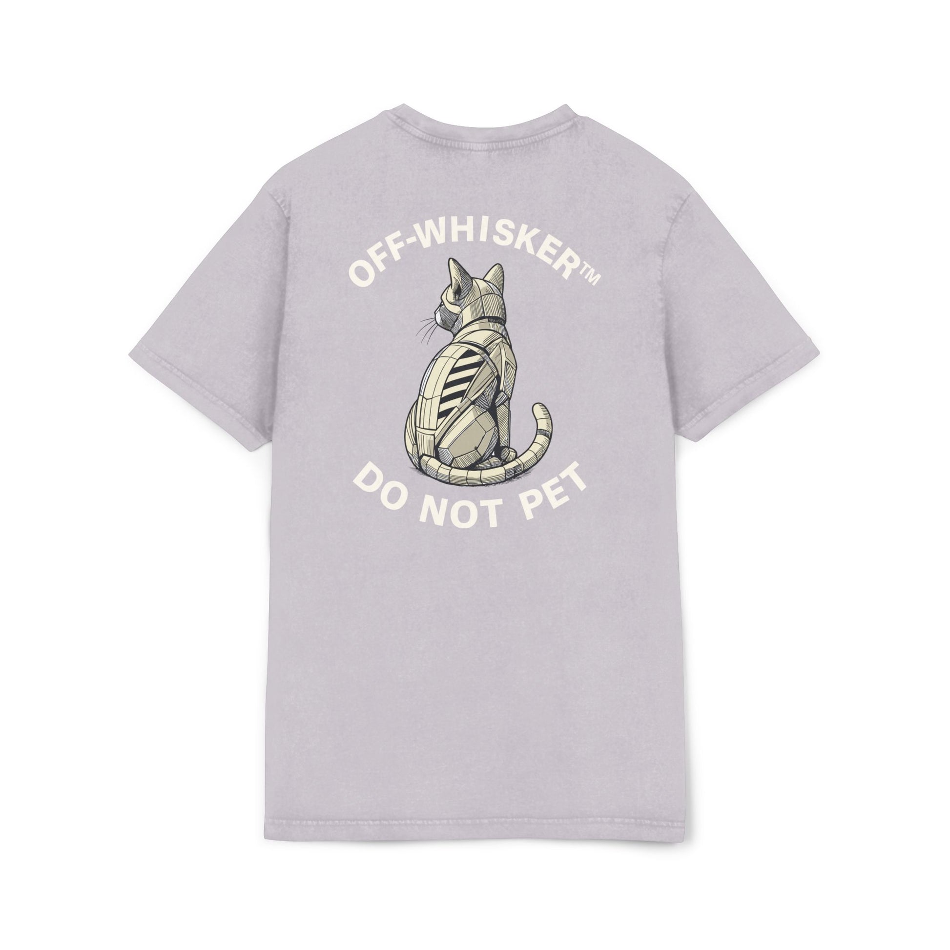 Off-Whisker Mechanical Feline Unit Cat Graphic Acid Washed T-Shirt, soft purple lilac unisex back view with do not pet print, cat lady t shirt