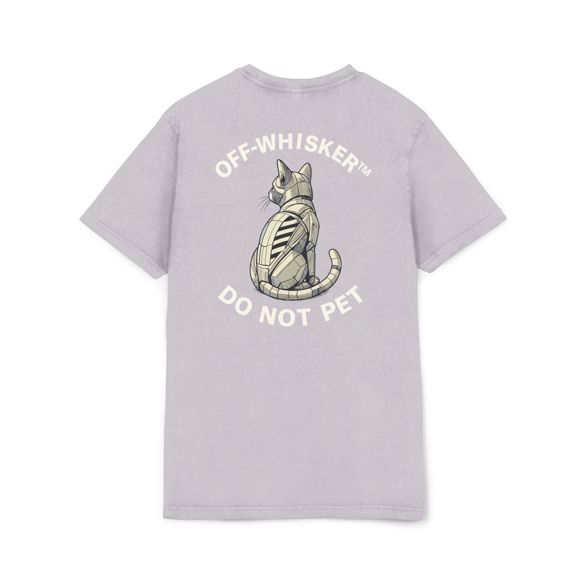 Off-Whisker Mechanical Feline Unit Cat Graphic Acid Washed T-Shirt, soft purple lilac unisex back view with do not pet print, cat lady t shirt