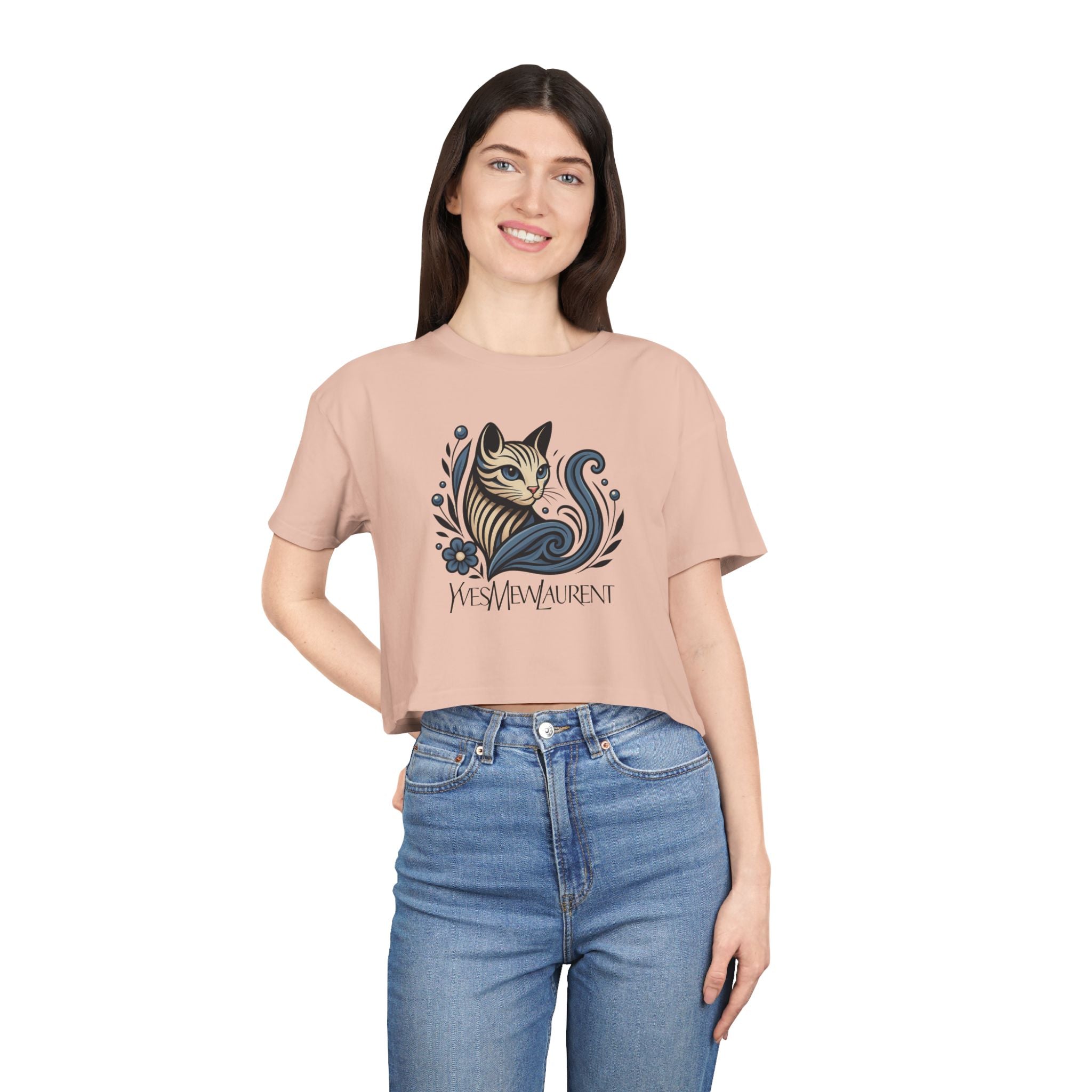 Yves Mew Laurent Floral Cat Art Women’s Cropped T Shirt