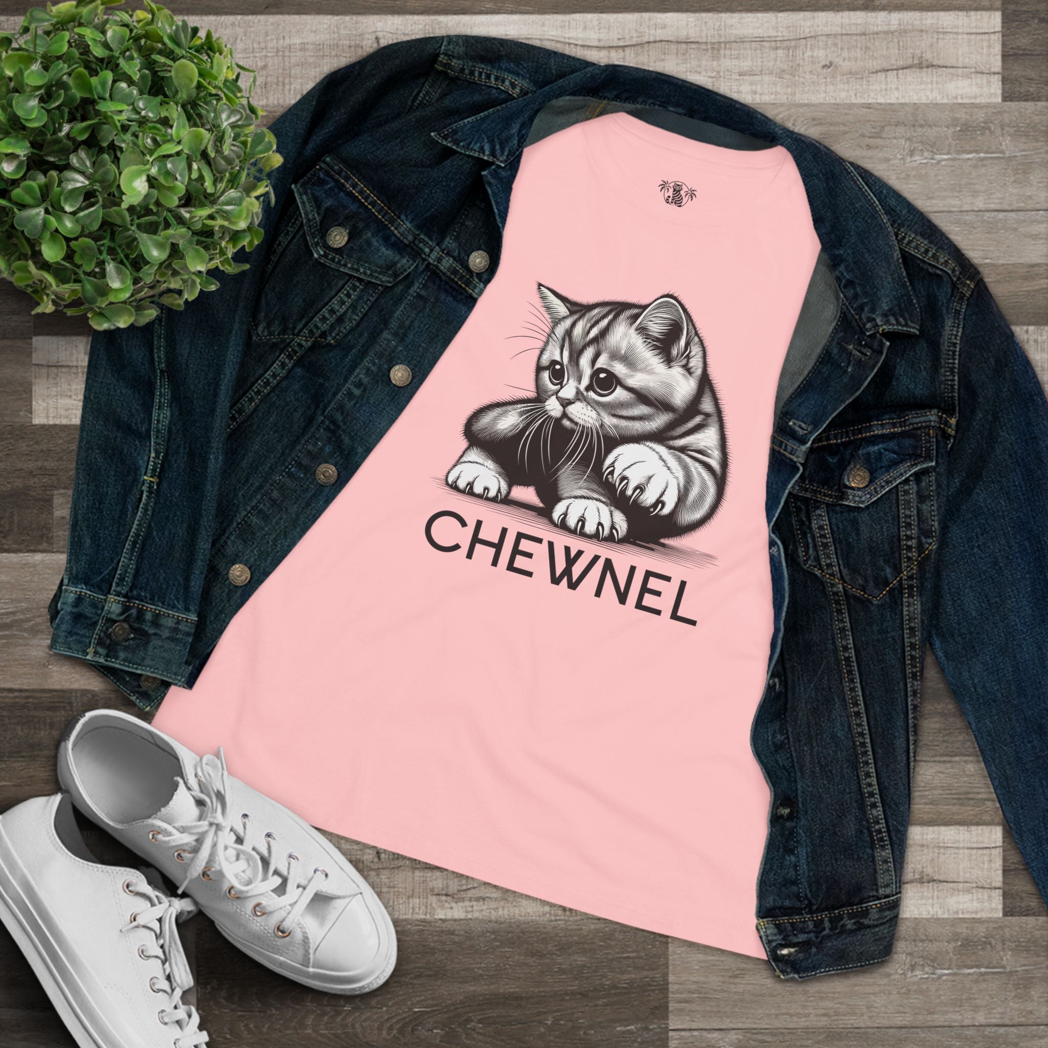 Pink women’s cat graphic tee paired with denim jacket flat lay cat shirts for women