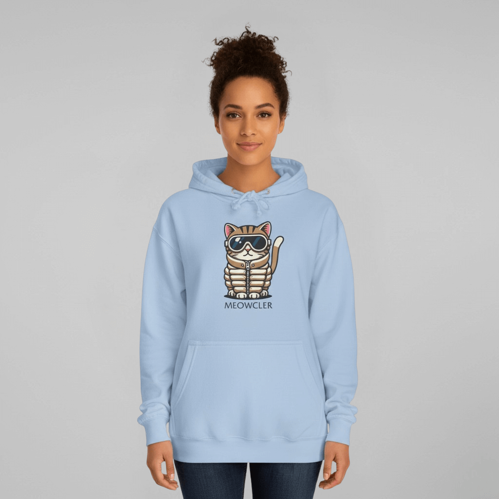Woman modeling Meowcler sky blue hoodie with puffer design, cat hoodie