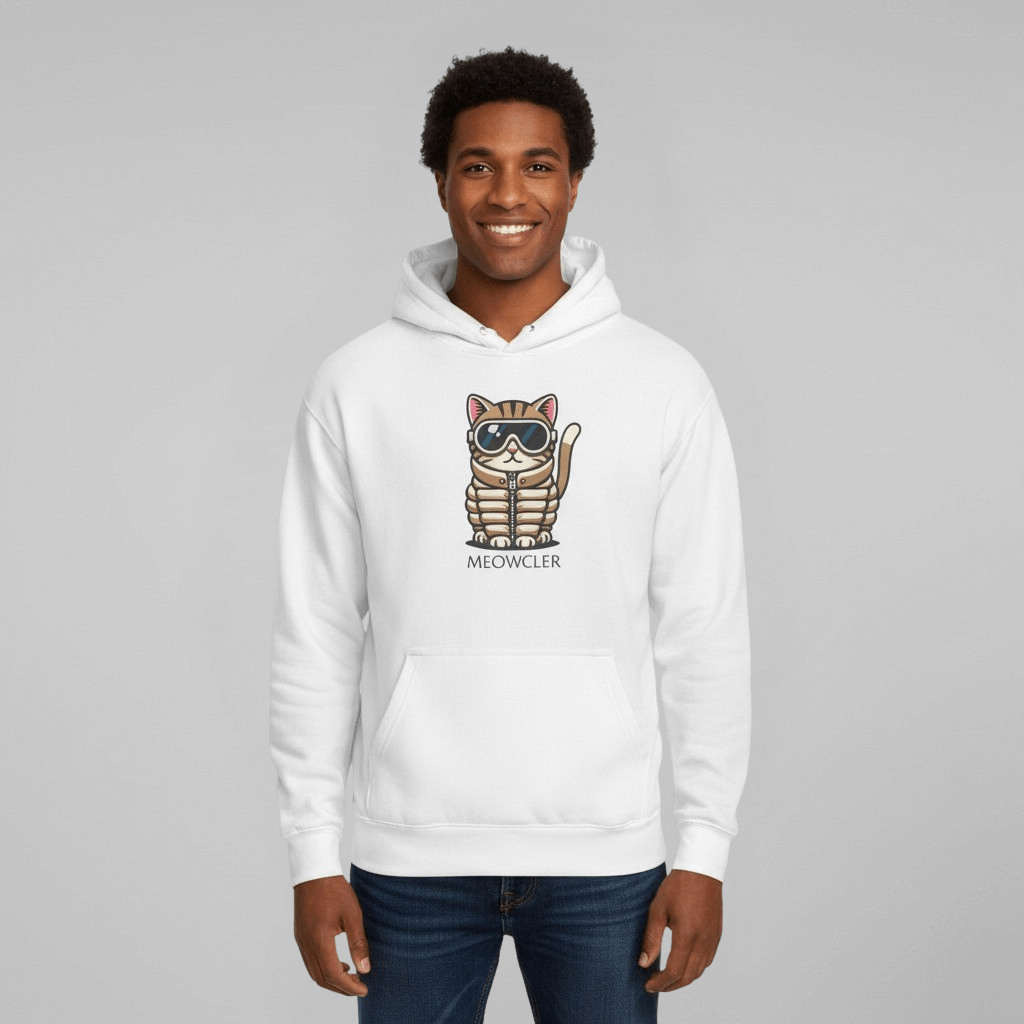 Man modeling Meowcler white hoodie with chest cat logo, cat hoodie men's