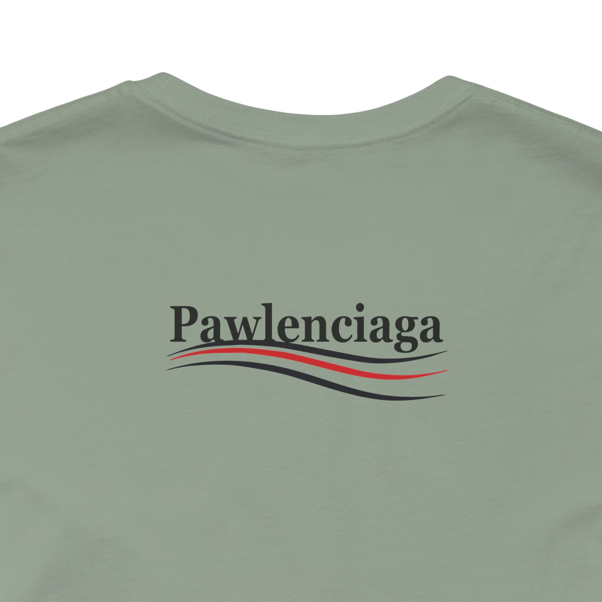 sage green Pawlenciaga cat tee, back logo close up, tee shirts with cats on them, fabric focus