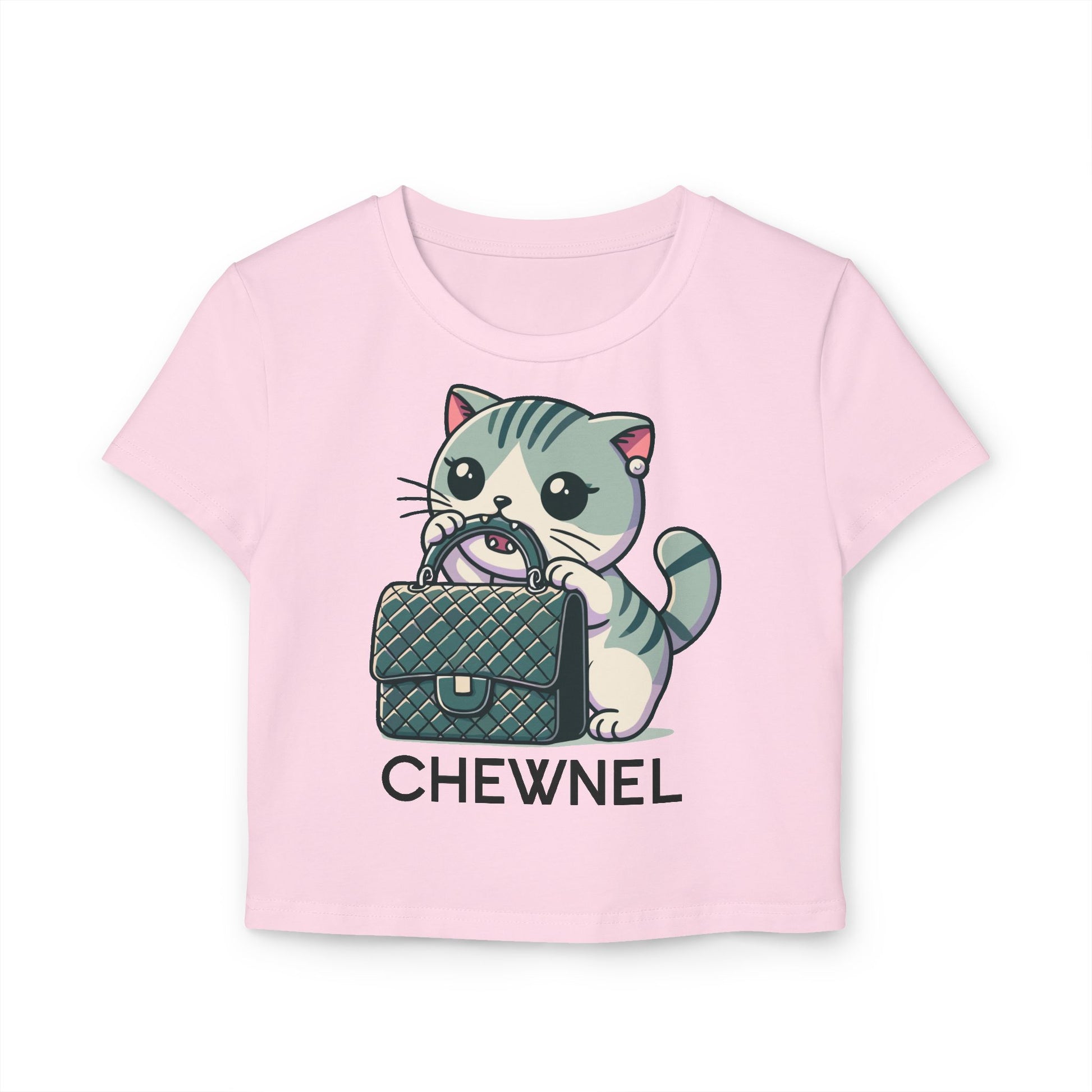 Chewnel Purse Snatcher Cat Women’s Pink Baby Tee front view