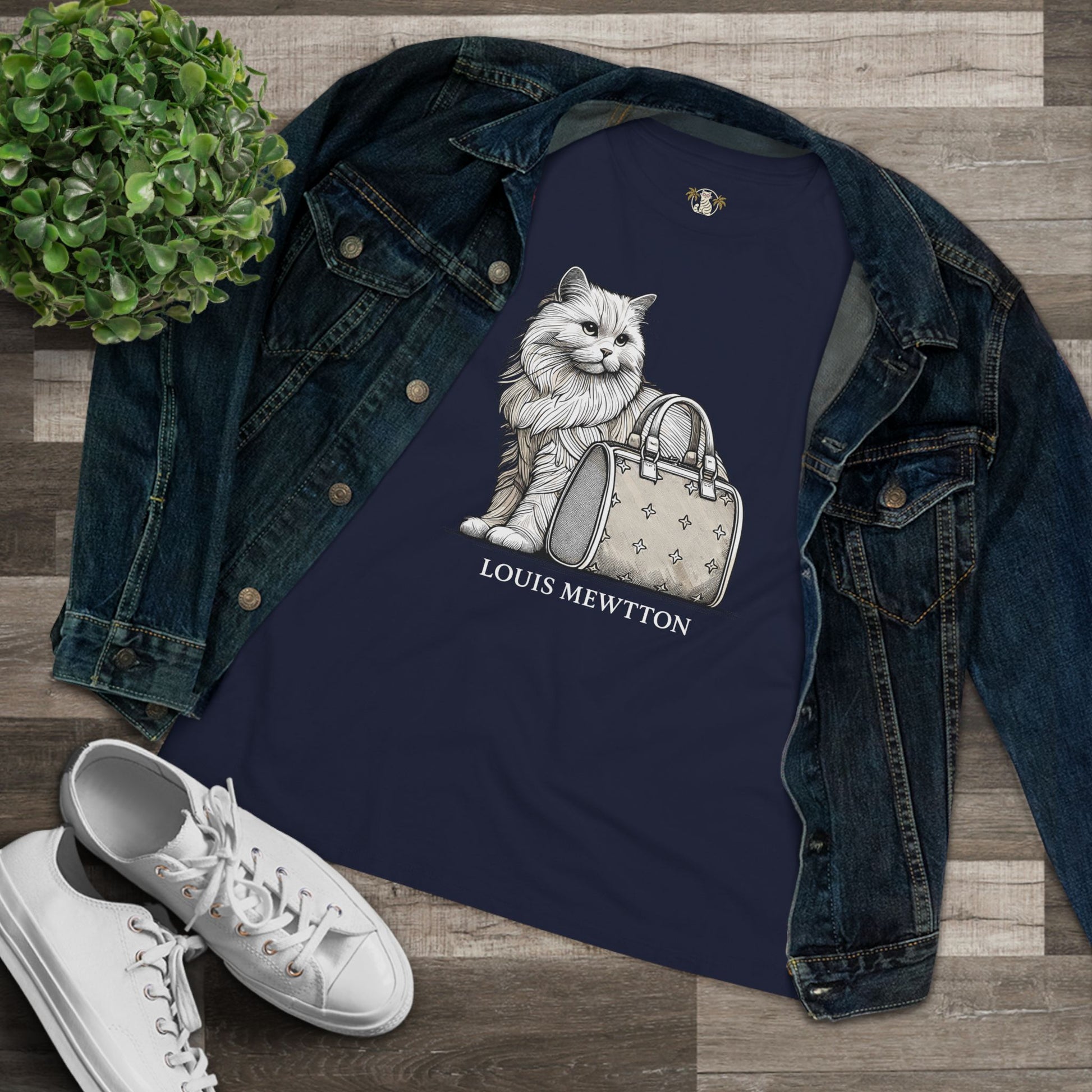 Louis Mewtton Women's Navy T Shirt styled flat lay with denim jacket tee for cat lovers