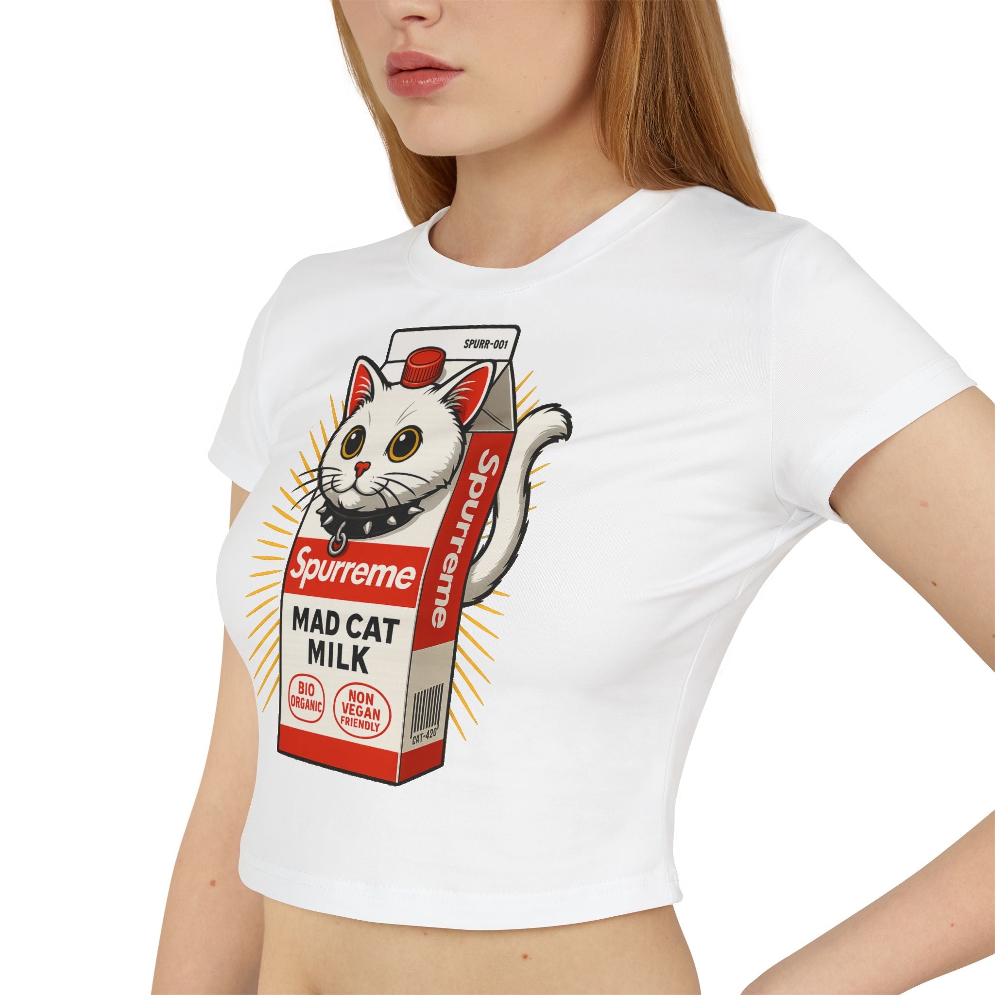 side view model in white Spurreme crop top, casual cat themed shirt