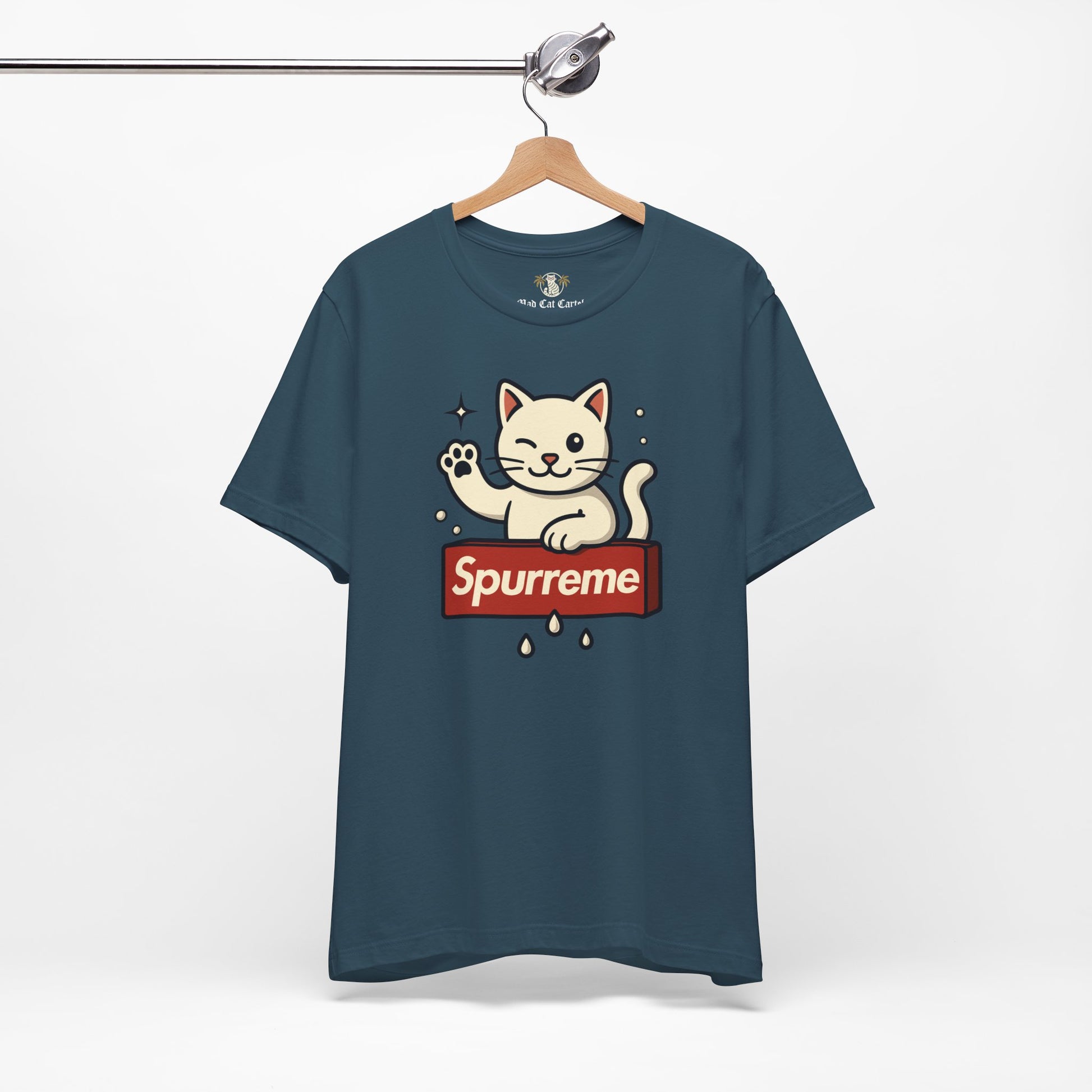 Deep teal t shirt hanging front view ladies cat on a shirt