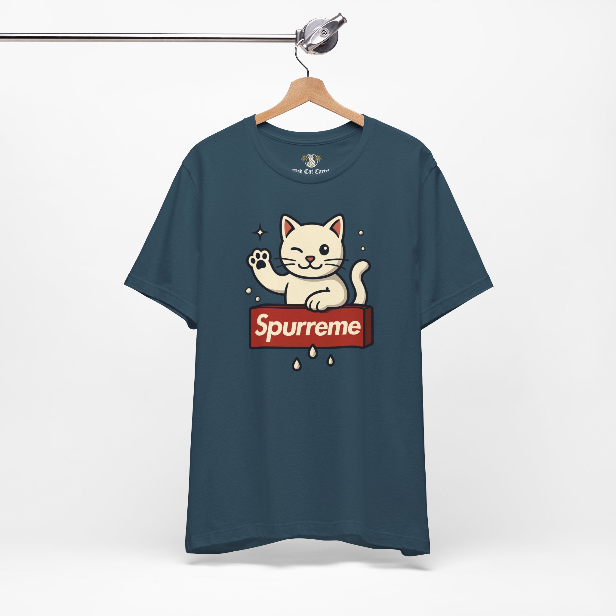 Deep teal t shirt hanging front view ladies cat on a shirt