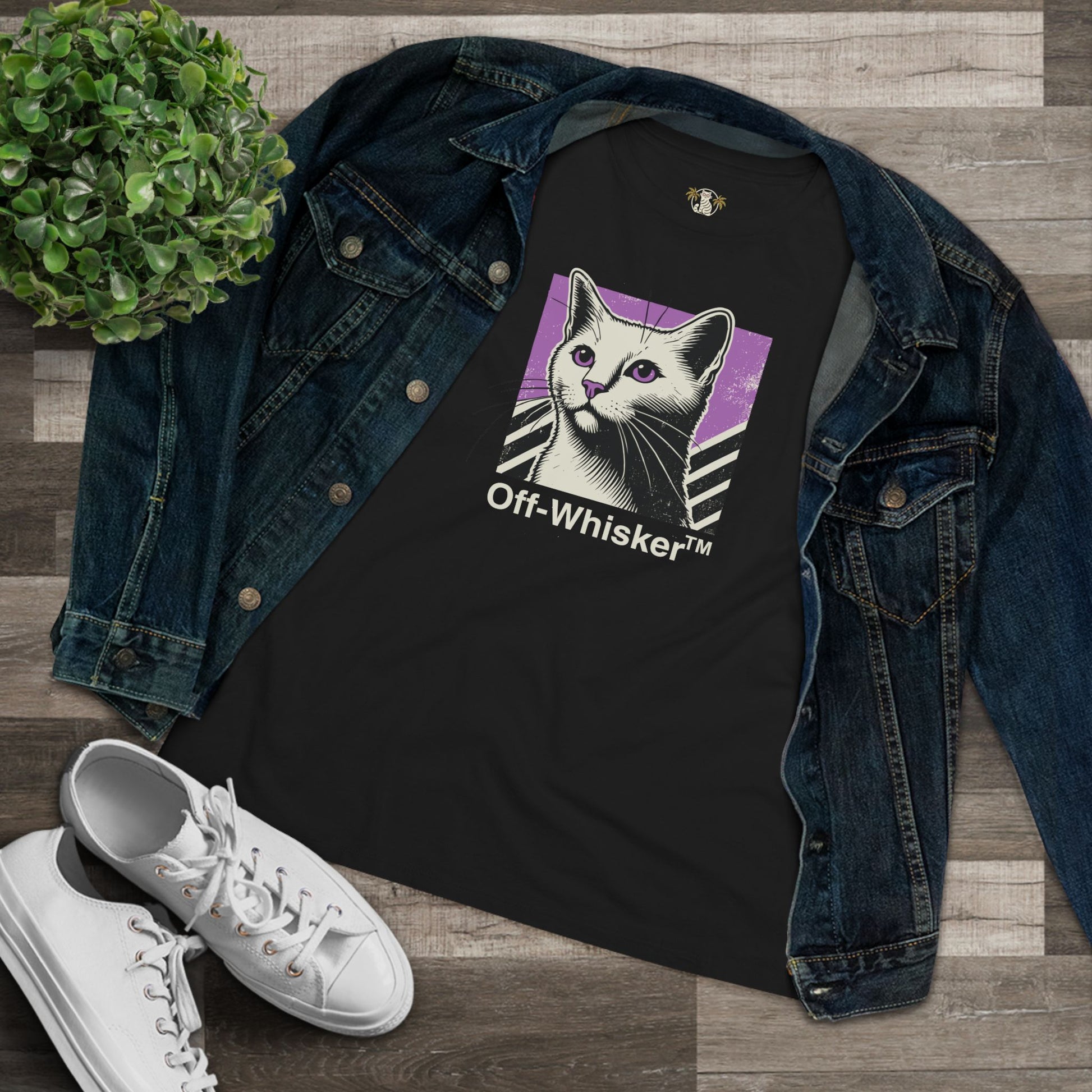 Flat lay black Off-Whisker Purple Vision cat t shirt with denim jacket, cat t shirt women's