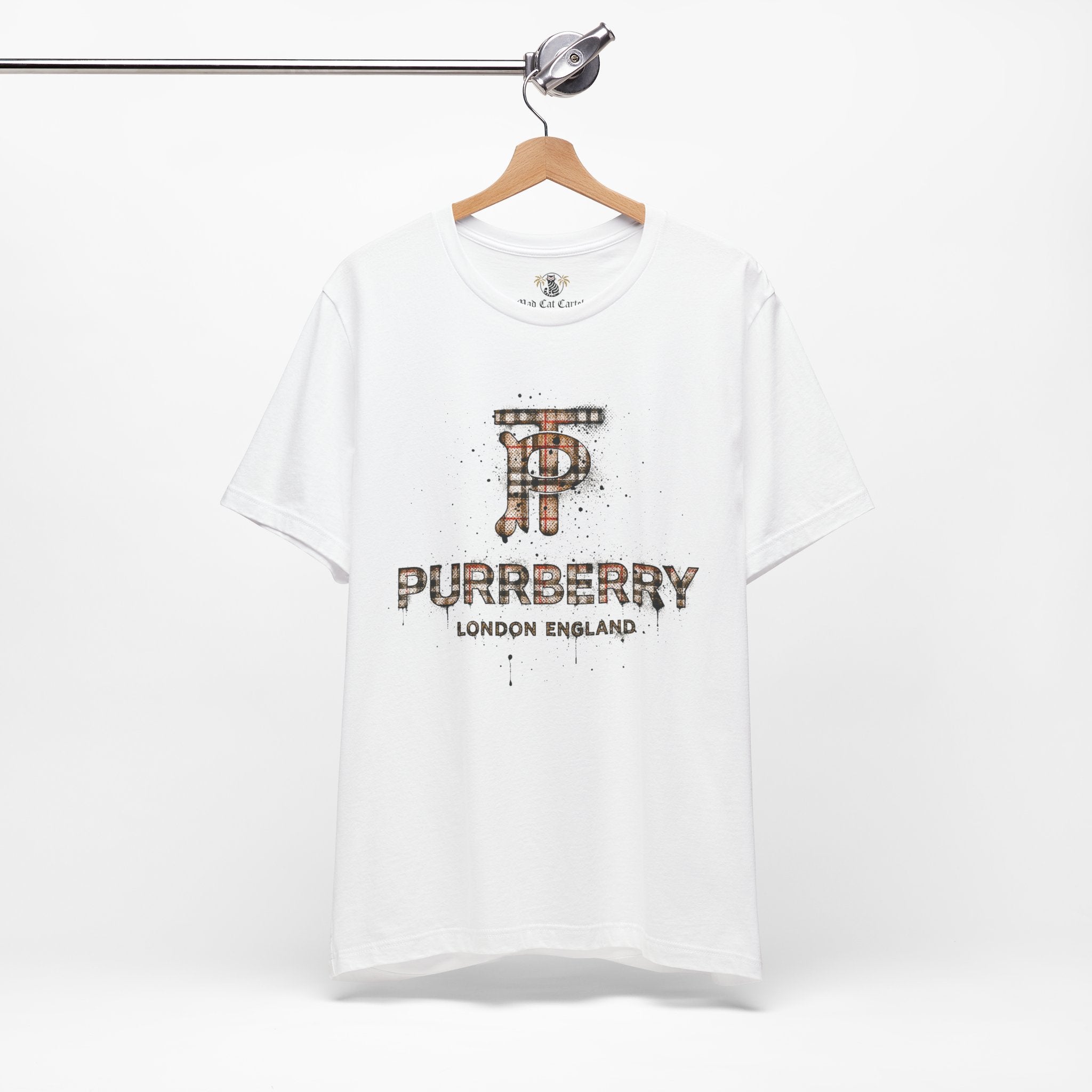 hanging purrberry london heritage spray cat graphic t shirt white unisex cat lover t shirt