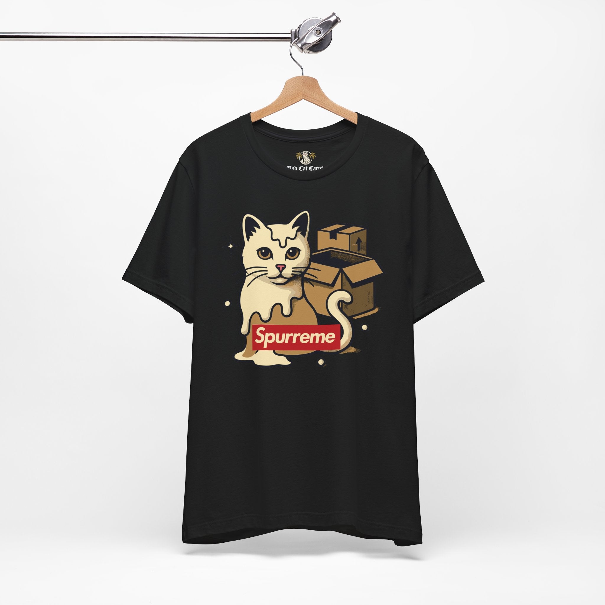 Black t shirt hanging Spurreme Box Addict Cat Graphic