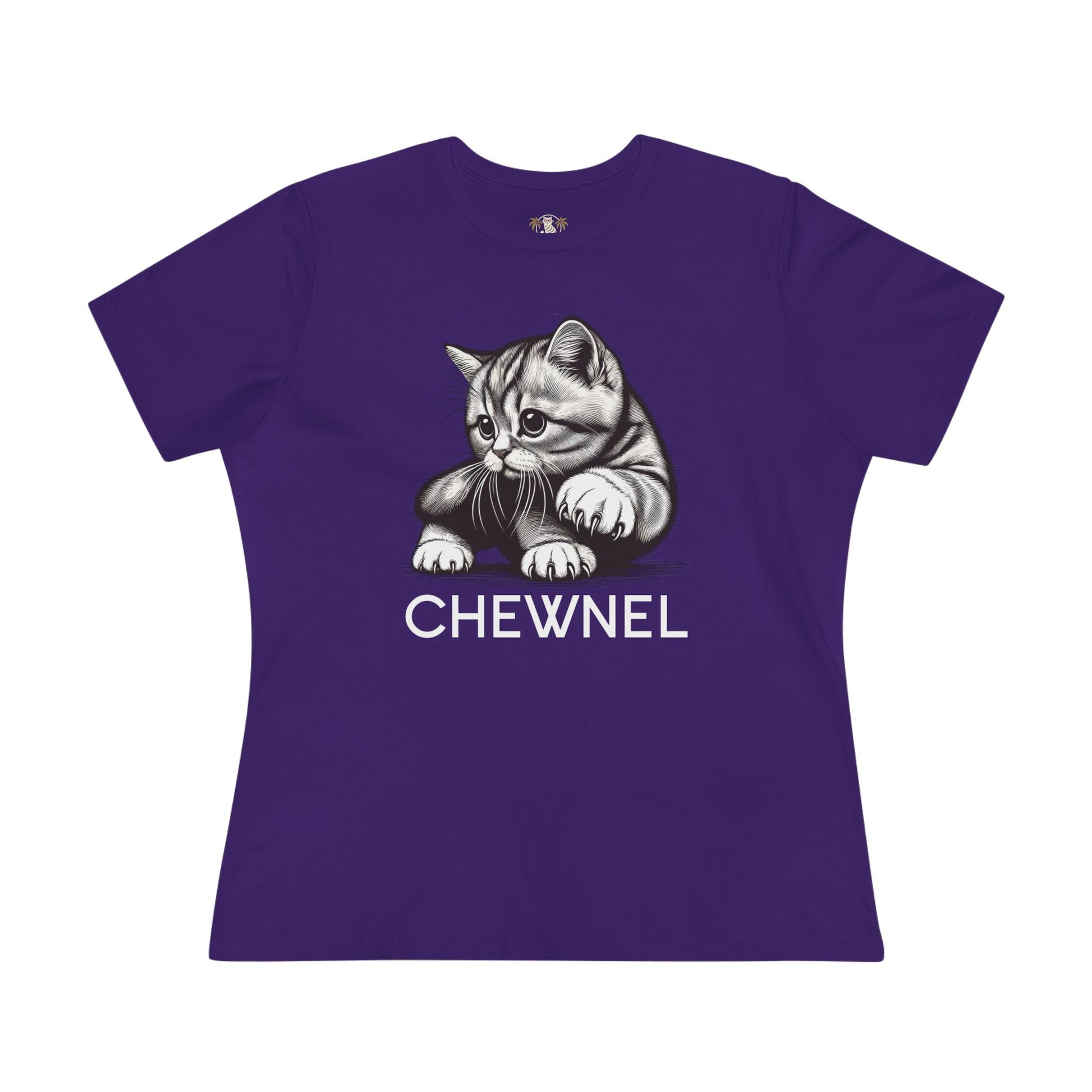 Team purple Chewnel Haute Cat-ture Graphic Women’s T-Shirt front view cute cat shirts for women
