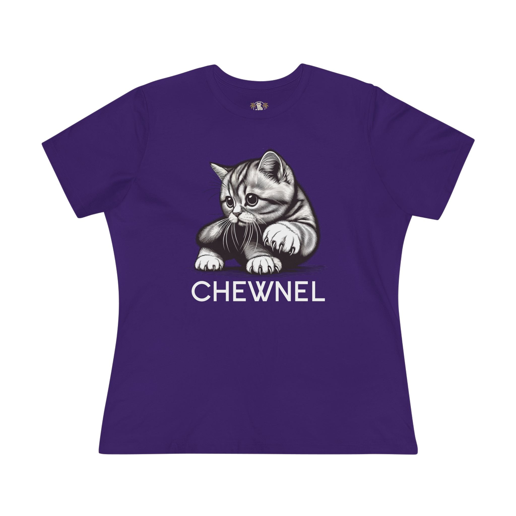 Team purple Chewnel Haute Cat-ture Graphic Women’s T-Shirt front view cute cat shirts for women
