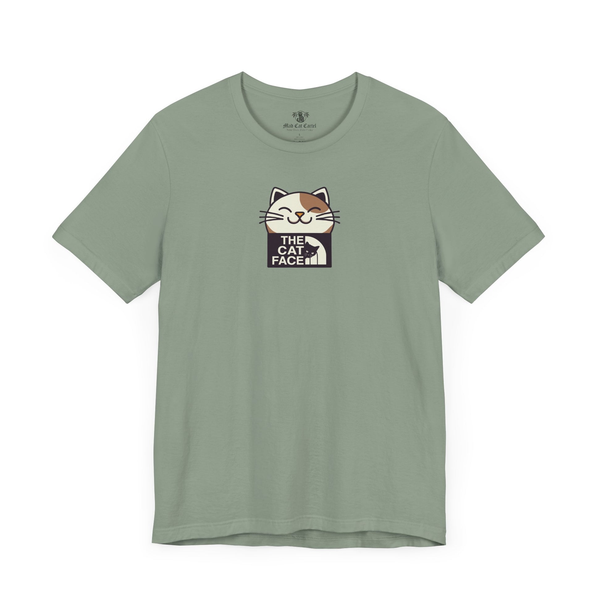 The Cat Face Graphic T-Shirt Sage – unisex cool cat shirts flat lay front view