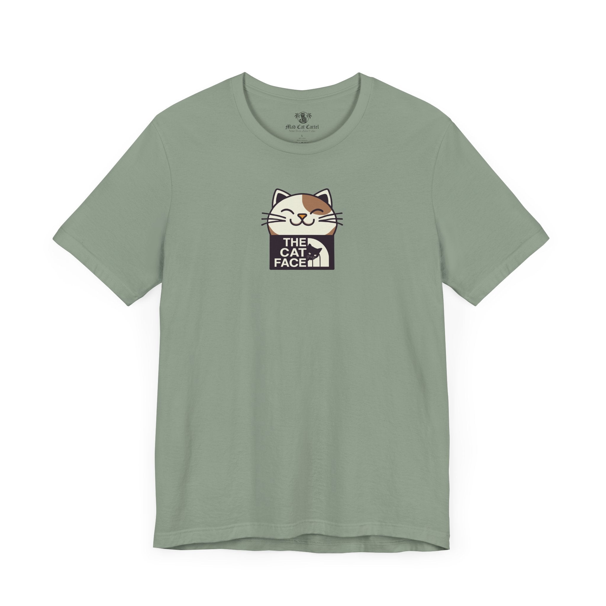 The Cat Face Graphic T-Shirt Sage – unisex cool cat shirts flat lay front view