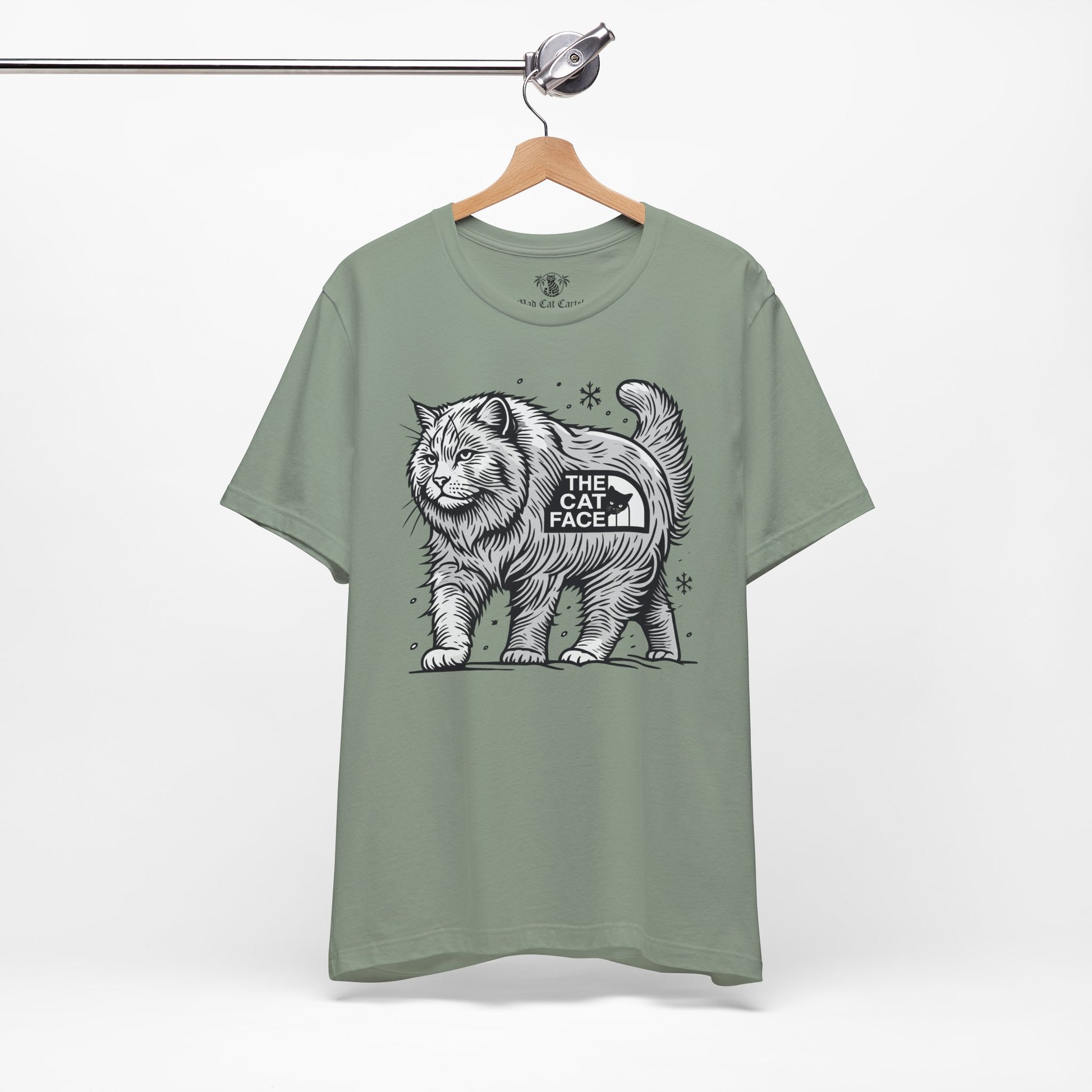 Front view sage green Alpine Explorer cat graphic t shirt – tee shirts with cats
