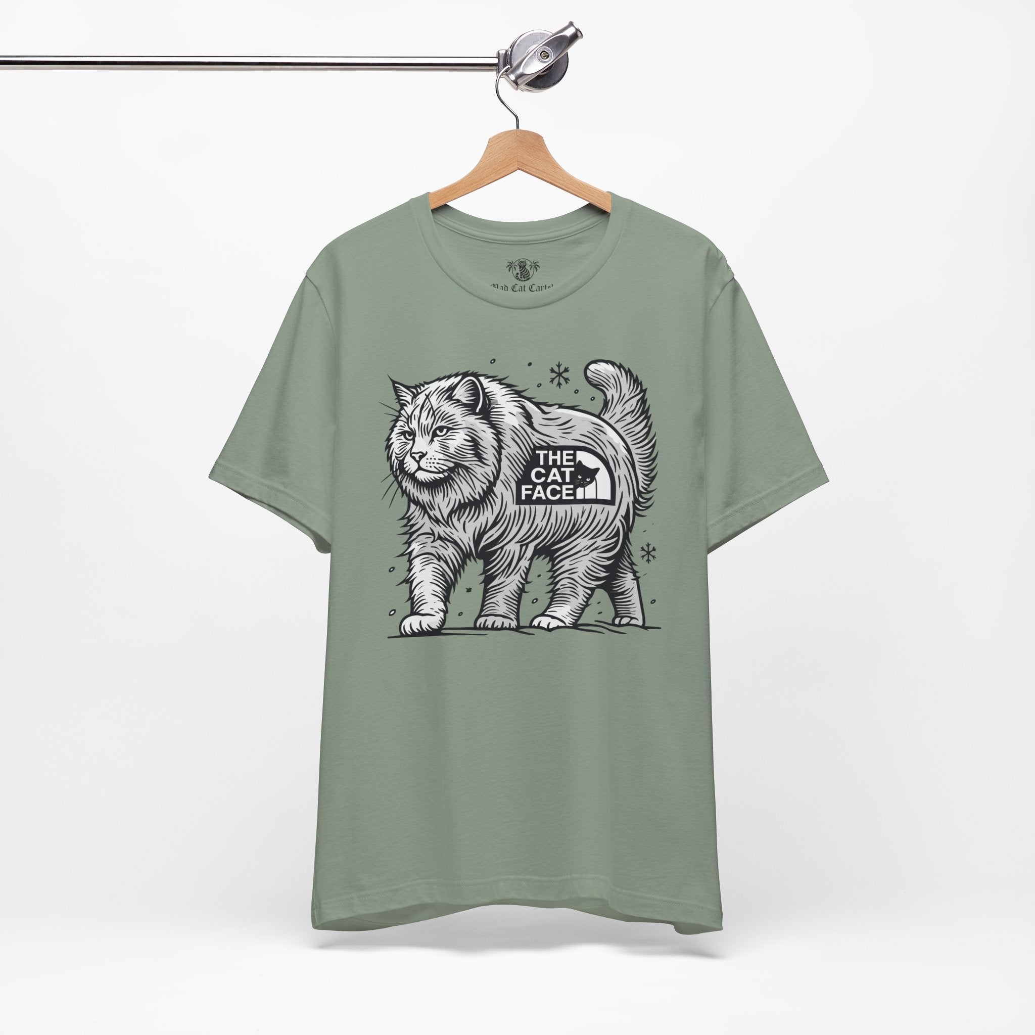 Front view sage green Alpine Explorer cat graphic t shirt – tee shirts with cats