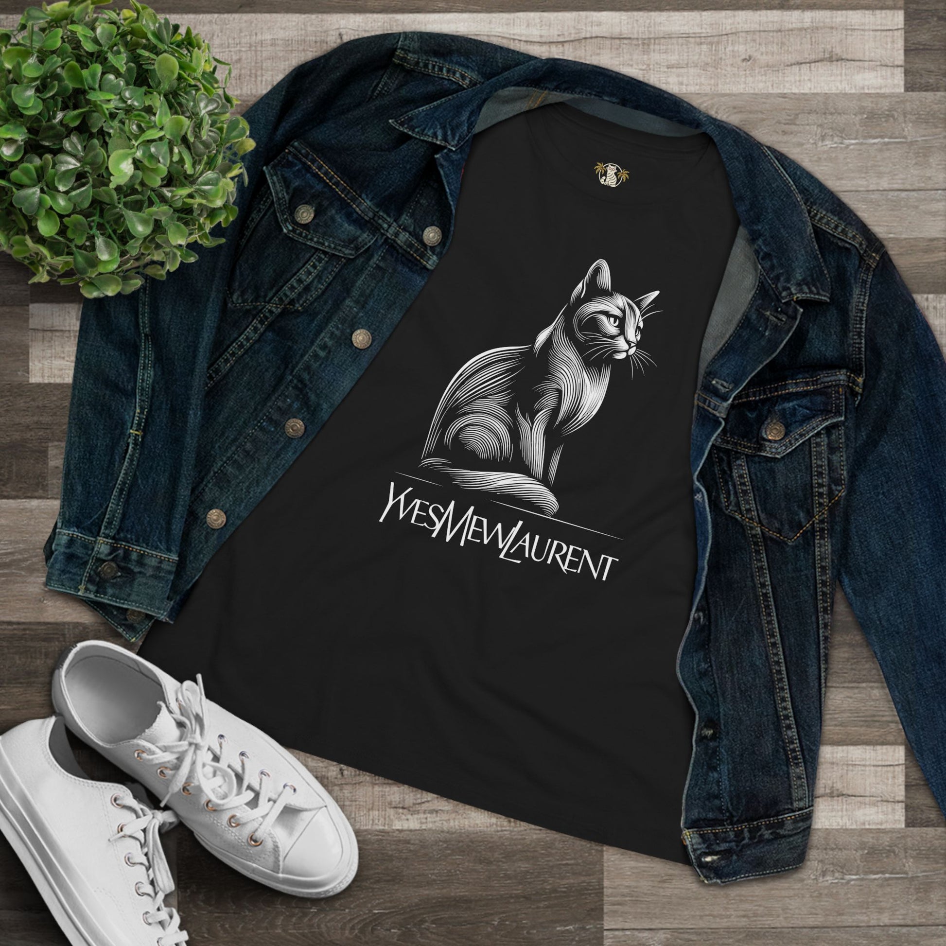 Yves Mew Laurent black women's t shirt with cat graphic folded on flatlay, casual cotton tee