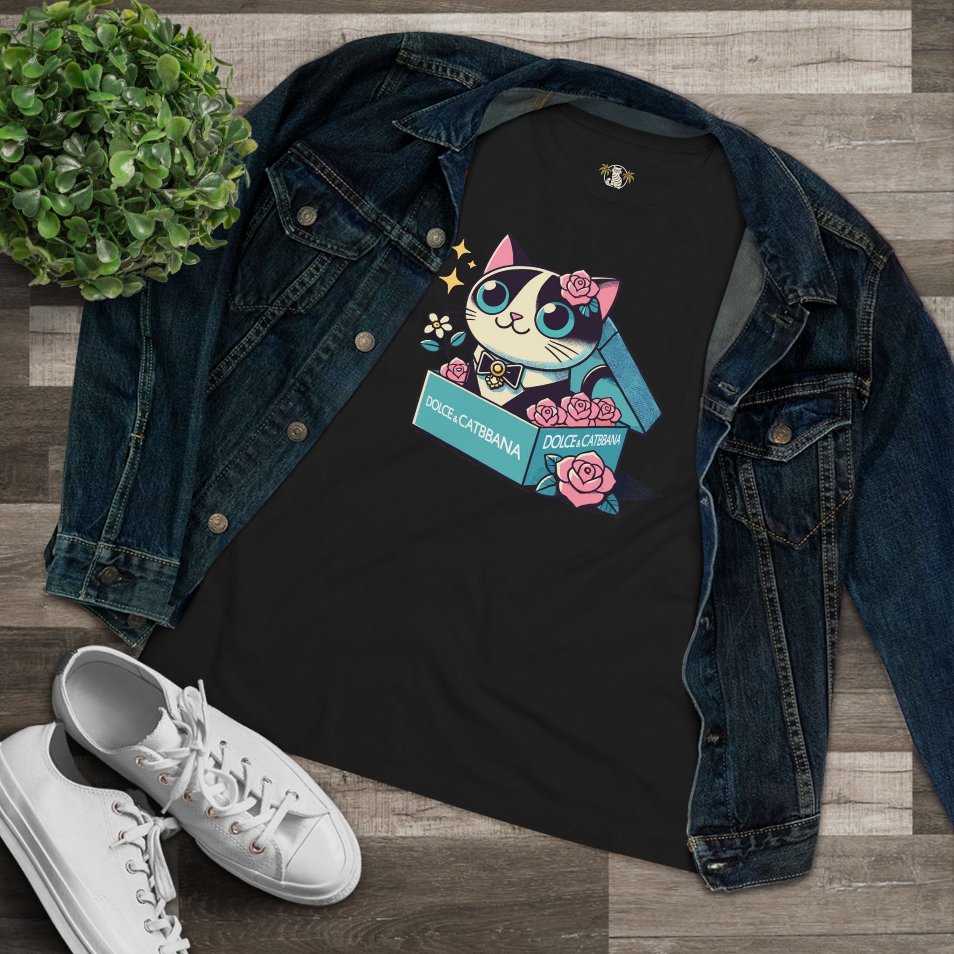 Black Dolce & Catbana Rose Box cat themed apparel styled with denim flat lay