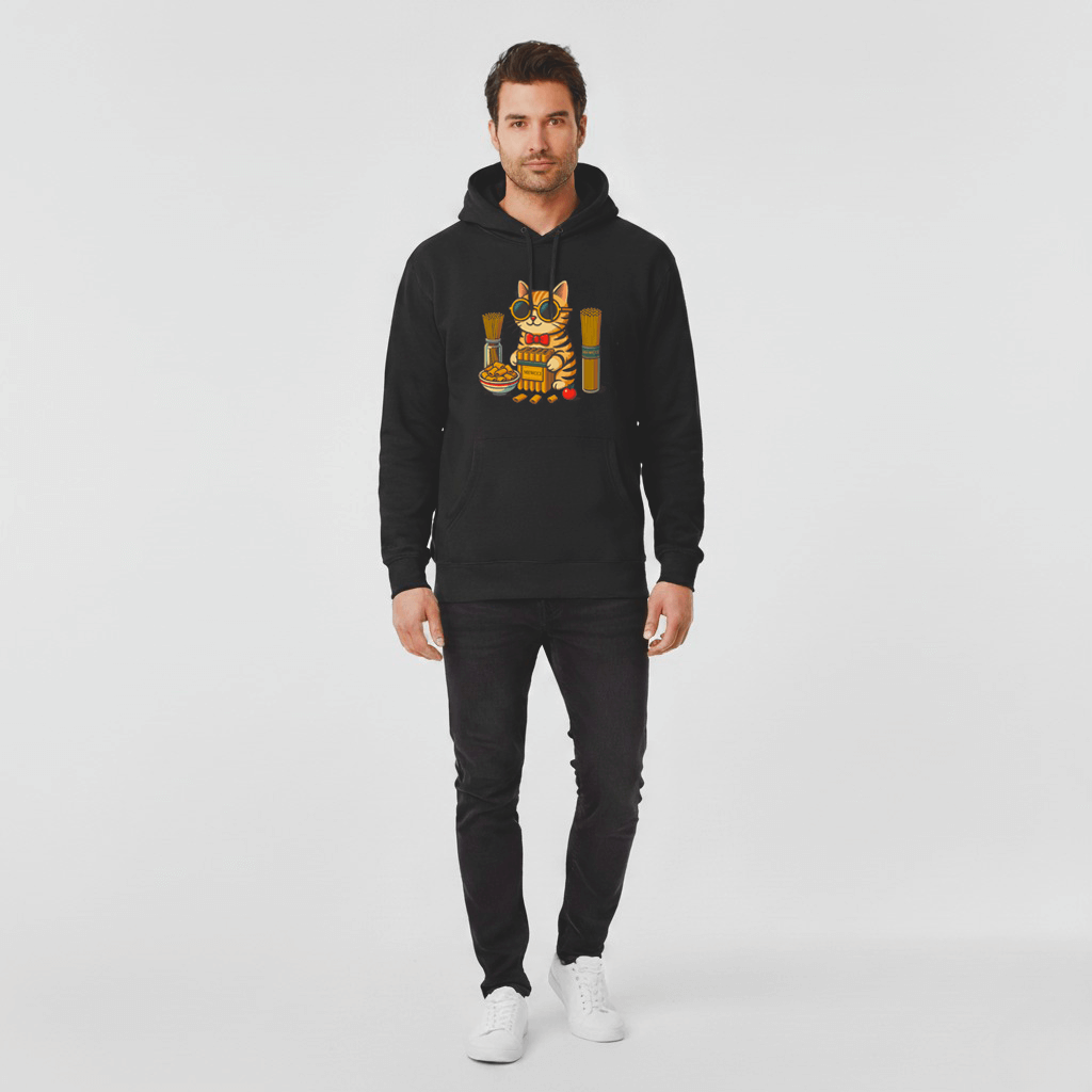 Man modeling Mewcci black hoodie with pasta chef design, cat hoodies for men